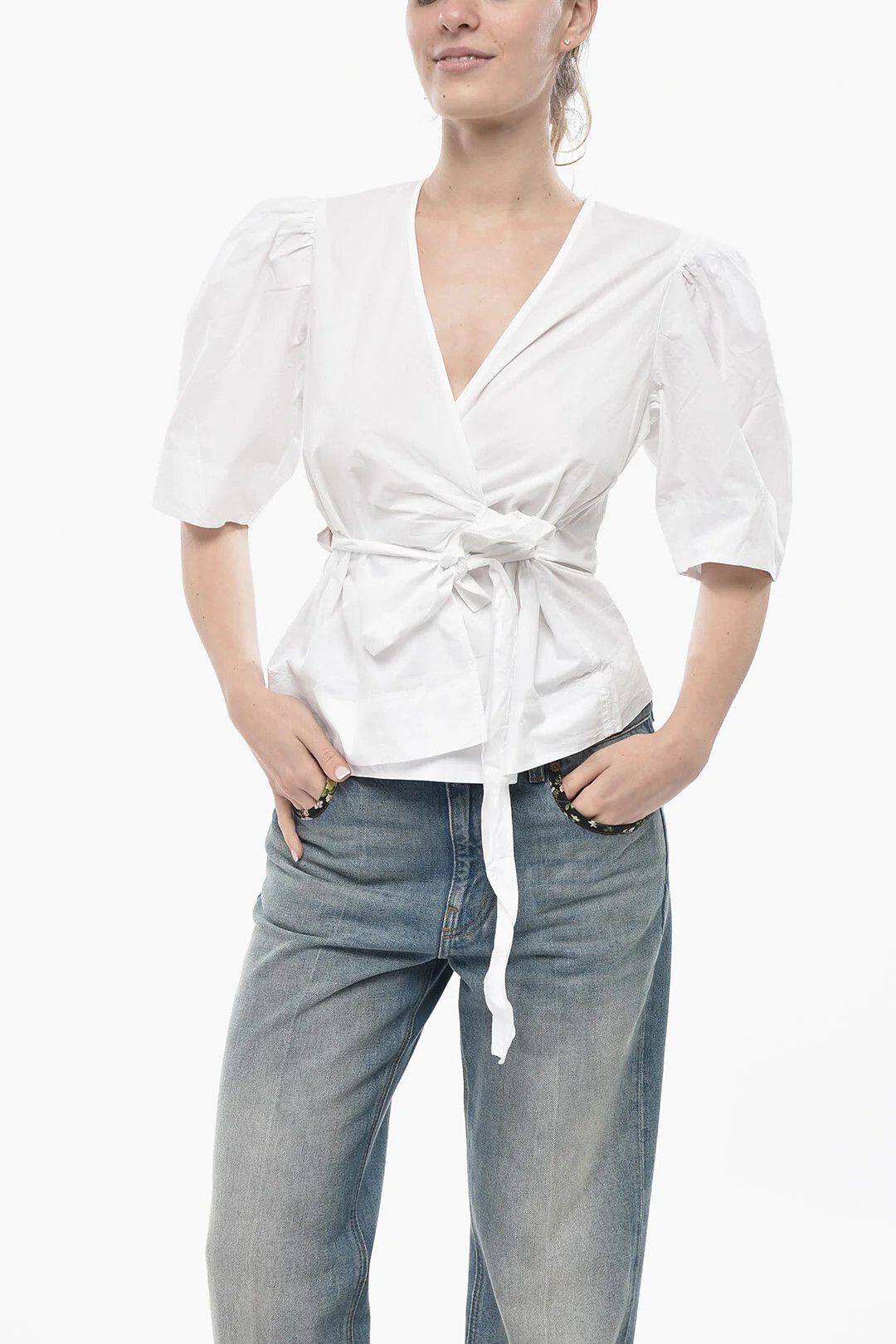 Ganni og1mm0426 Poplin Wrap Blouse in White Size M / US 6-8 / IT 42-44 - 1 Thumbnail