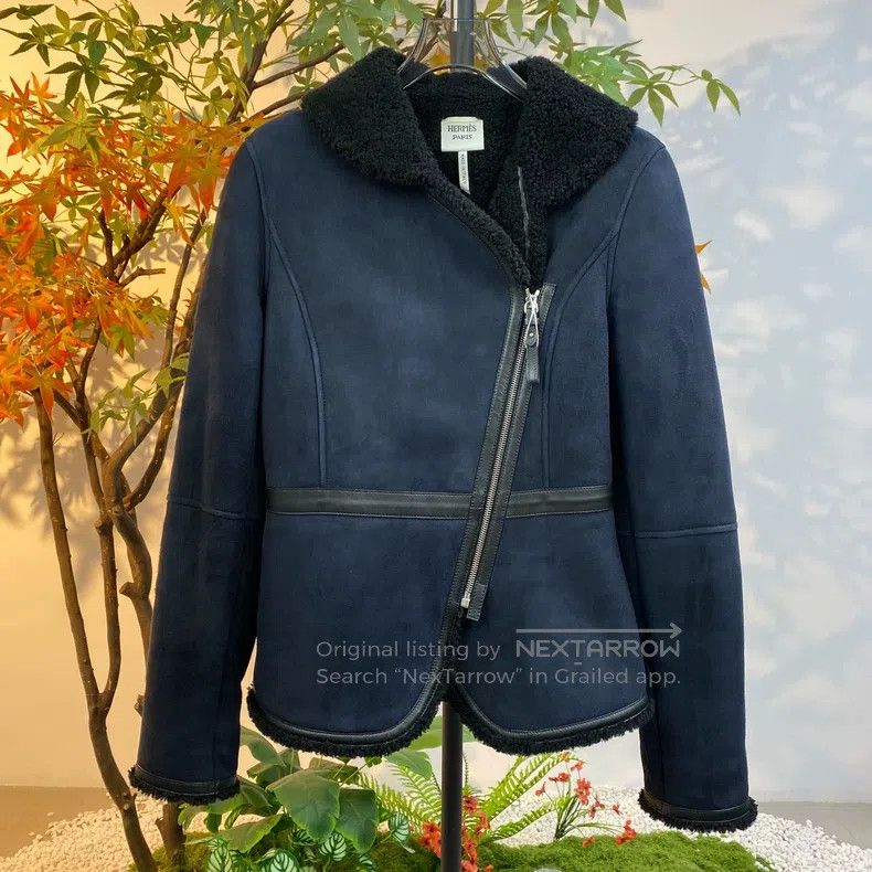 Hermes Hermes Navy Blue Leather and Fur Integrated Jacket Size XXS / US 00 / IT 34 - 1 Thumbnail