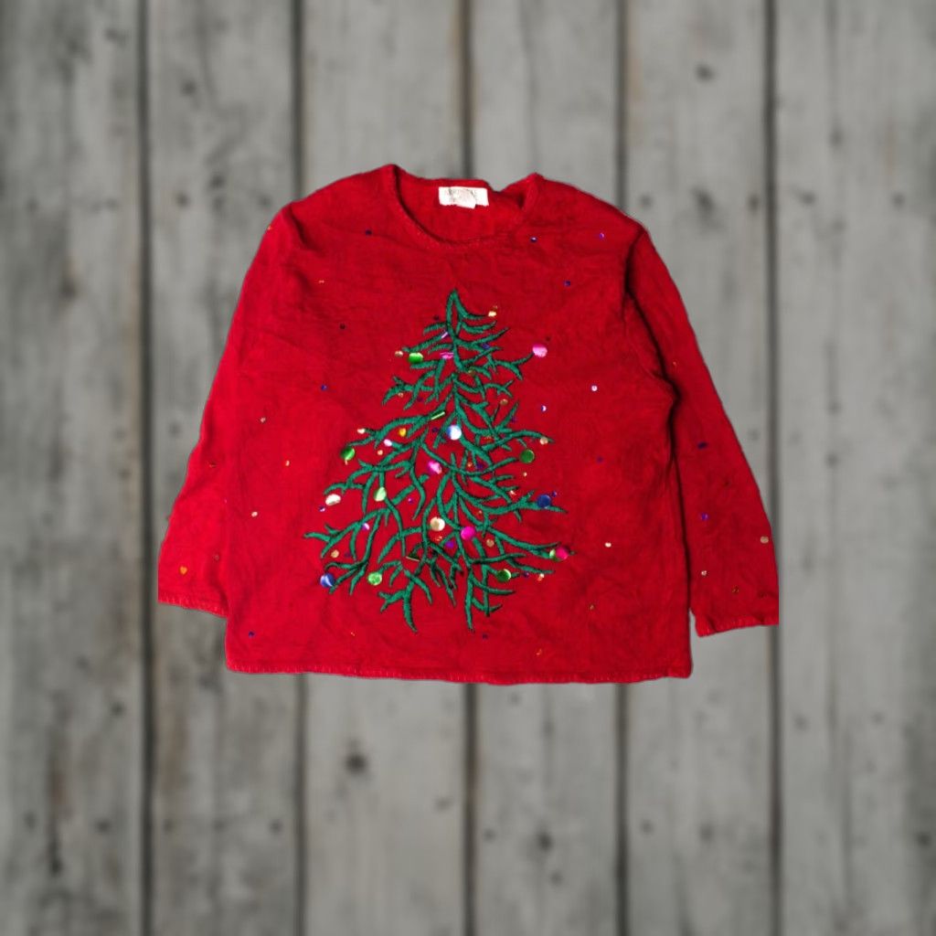 Vintage VINTAGE Arrviste Woman Sparkle Sparkle Tree Ugly Christmas Pullover Pullover XX-Large Red Ramie Cotton Women’s XXL Xmas Tree Flair 1950s 60s Ragstock Size XXL / US 16-18 / IT 52-54 - 1 Thumbnail