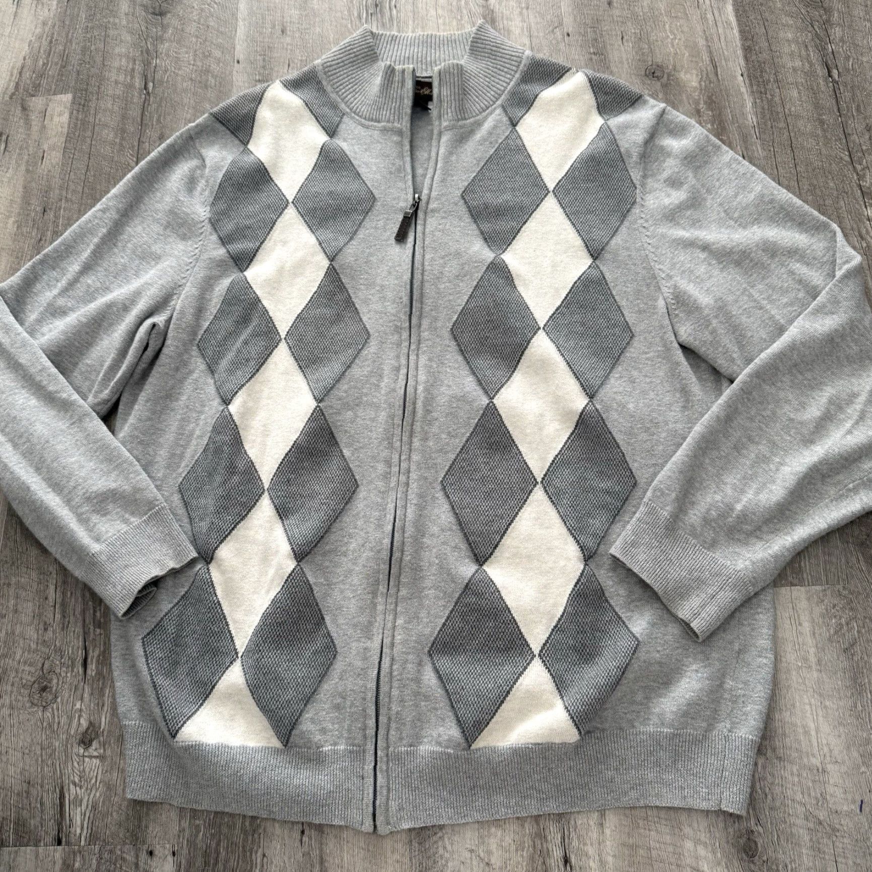 Tasso Elba Tasso Elba Argyle Sweater Mens XL Gray Full-Zip 100% Cotton Lightweight Size US XL / EU 56 / 4 - 6 Thumbnail