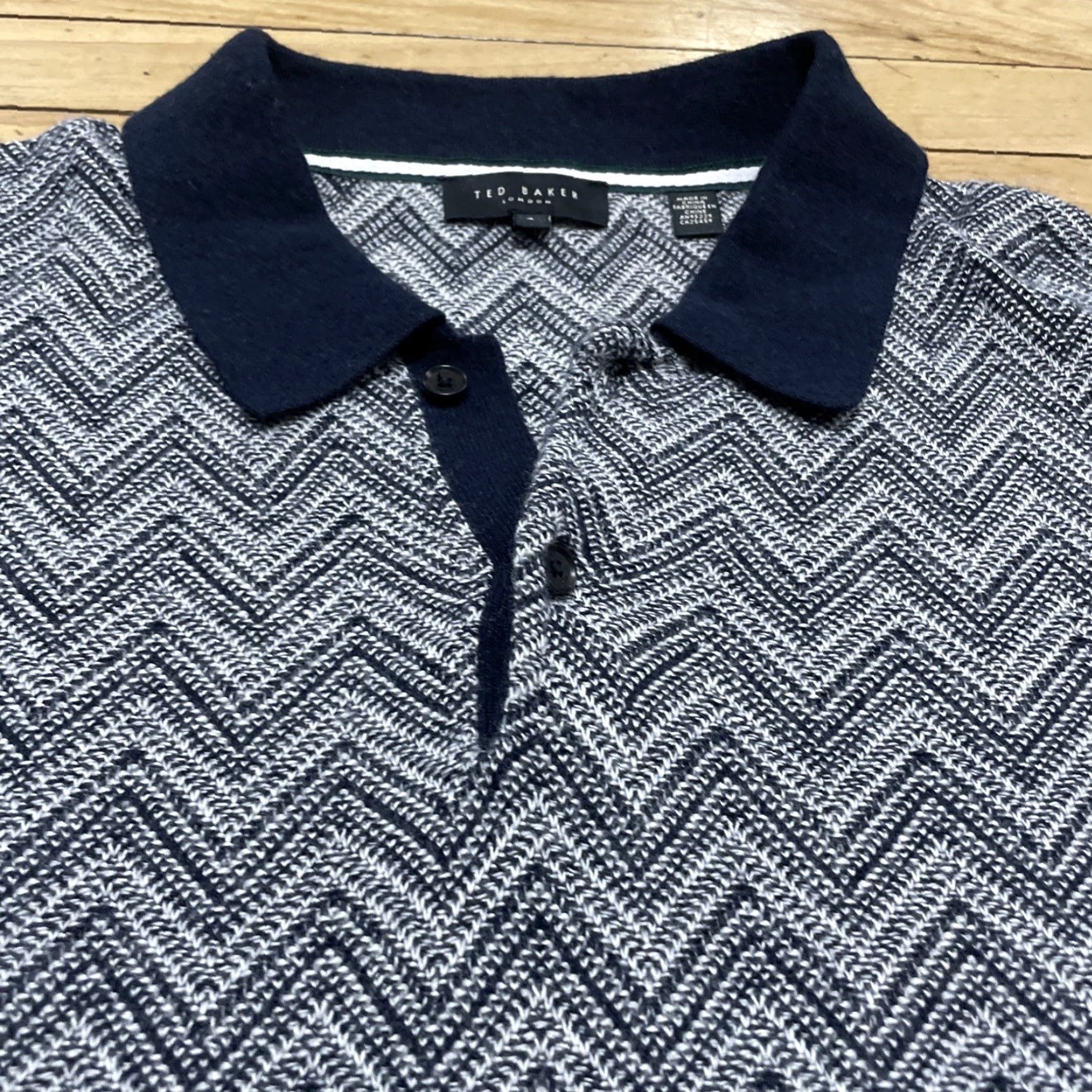 Ted Baker Ted Baker London Men 6 Waldun Navy Cream Zig Zag Stitch Polo Shirt Short Sleeve Geometric Pattern Polo Shirt Mens XS-XL Corporate Casual Dressy Size US S / EU 44-46 / 1 - 4 Thumbnail