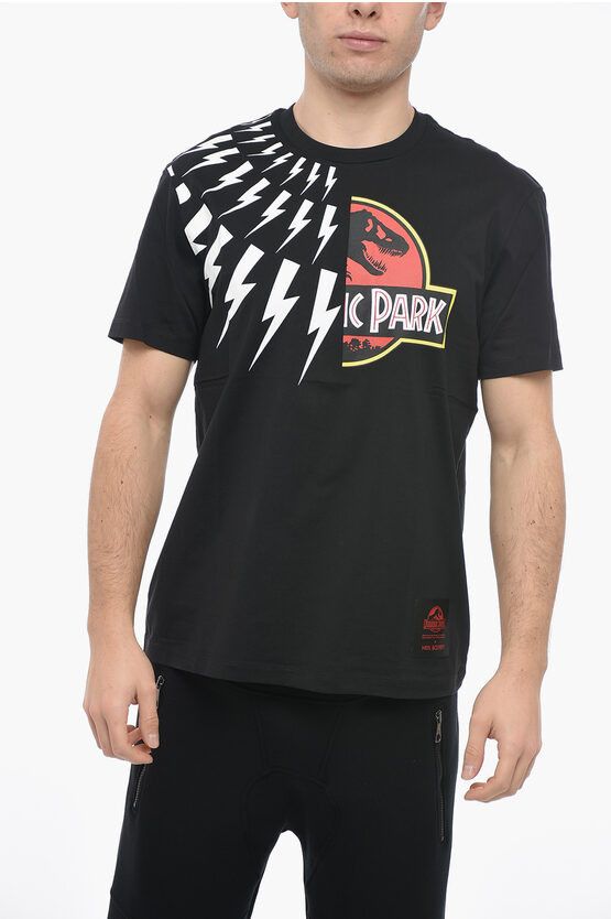 image of Jurassic Park X Nb Crew Neck Half Thunderbolt Cotton T-Shirt in Black, Men's (Size 2XS)