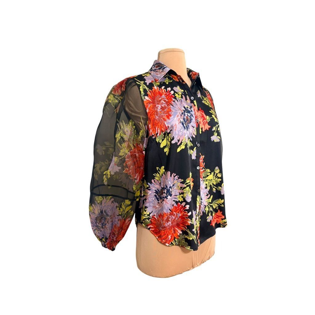 Cinq a Sept NEW Cinq a Sept Floral Blouse XS Black Multi Silk Sheer Puff Size XS / US 0-2 / IT 36-38 - 1 Thumbnail