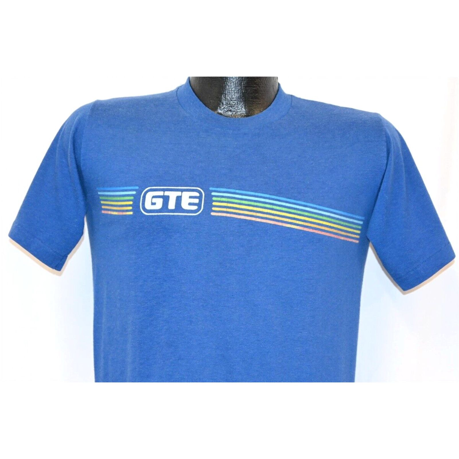 image of Velva Sheen Vintage 80's Gte General Telephone Electric Logo Rainbow Stripe T-Shirt Small S in Whit