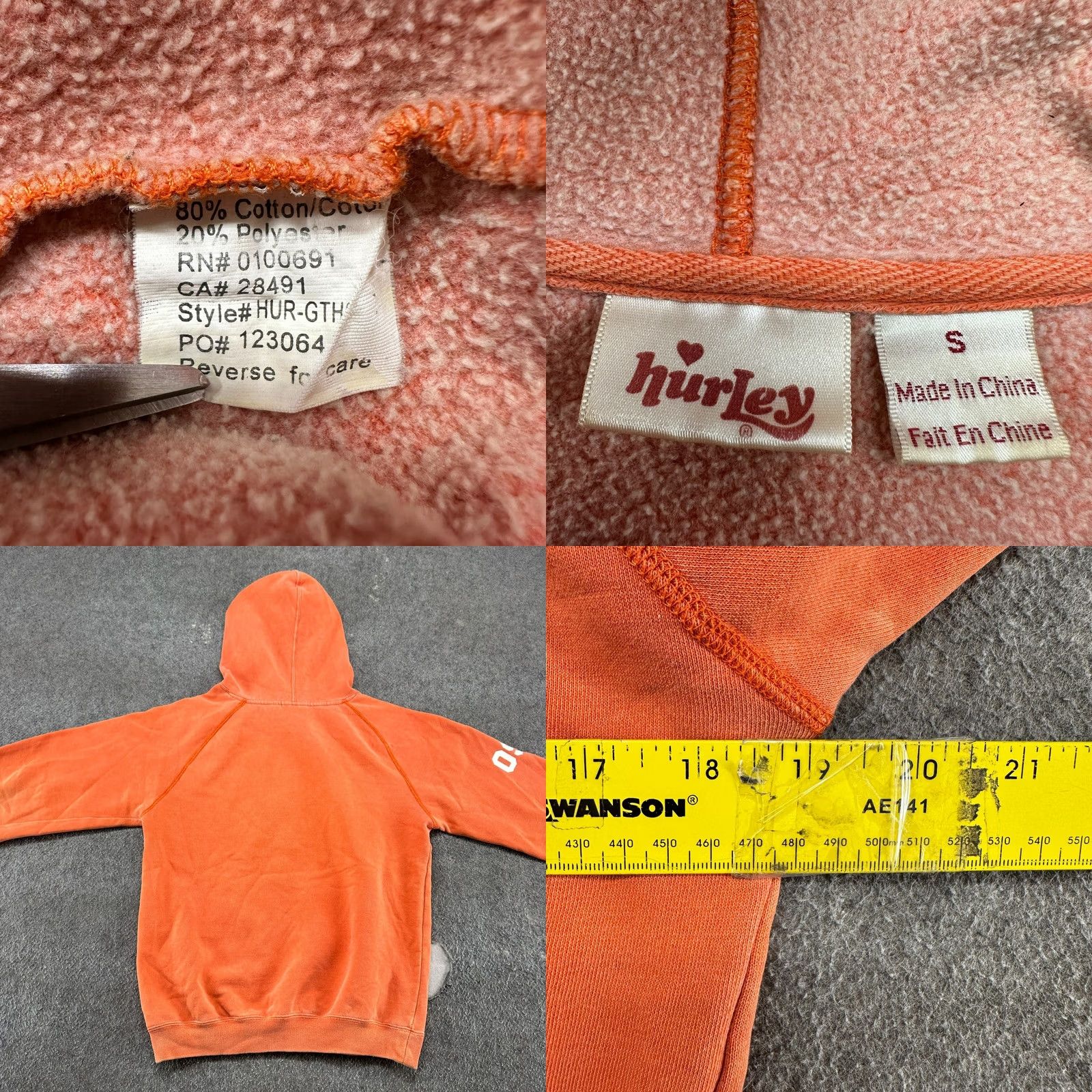 Hurley VINTAGE Hurley Hoodie Womens Small Orange Pullover Fleece Cotton Surf Skate Y2K Col-Orange Logo Embroidered Pockets Hooded Crew Neck Drawstring Size S / US 4 / IT 40 - 10 Thumbnail