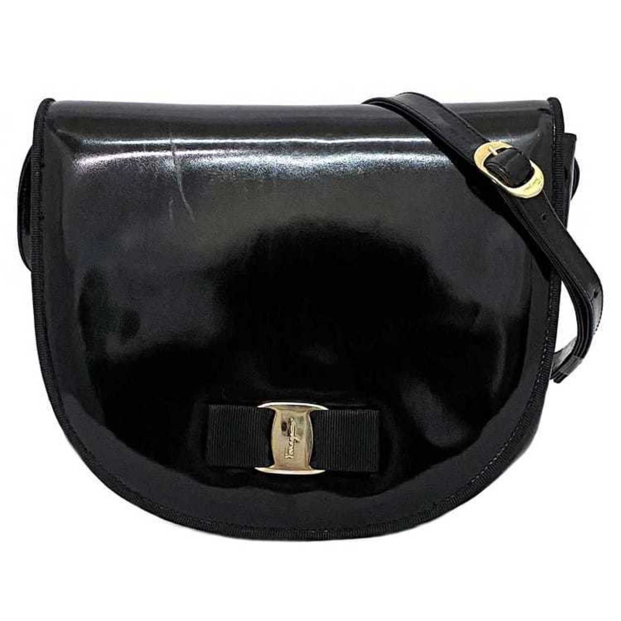 image of Salvatore Ferragamo Ferragamo Shoulder Bag Black Gold Vara Patent Leather Suede Salvatore Ribbon La