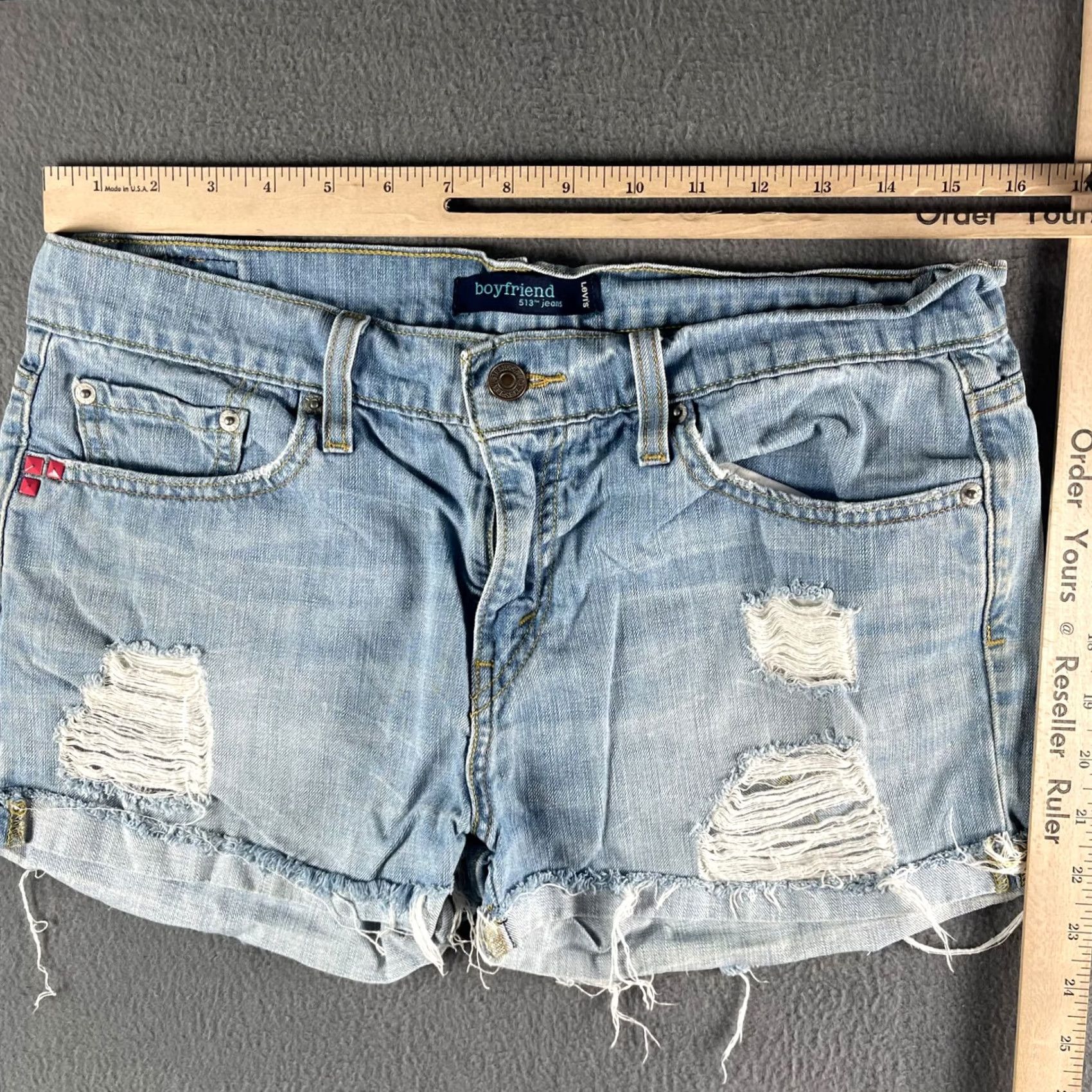 Levi's Levi's 513 Shorts Womens 7 Boyfriend Distressed Denim Blue Micro Mini 80s 90s Bohemian Grunge Motorcycle Hair/Beers?? Size 28" / US 6 / IT 42 - 2 Thumbnail