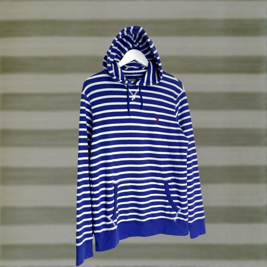 Polo Ralph Lauren VINTAGE Polo Ralph Lauren Hoodie Striped Shirt Mens Pullover Logo Pocket Blue White L Regular Size Size US L / EU 52-54 / 3 - 1 Thumbnail