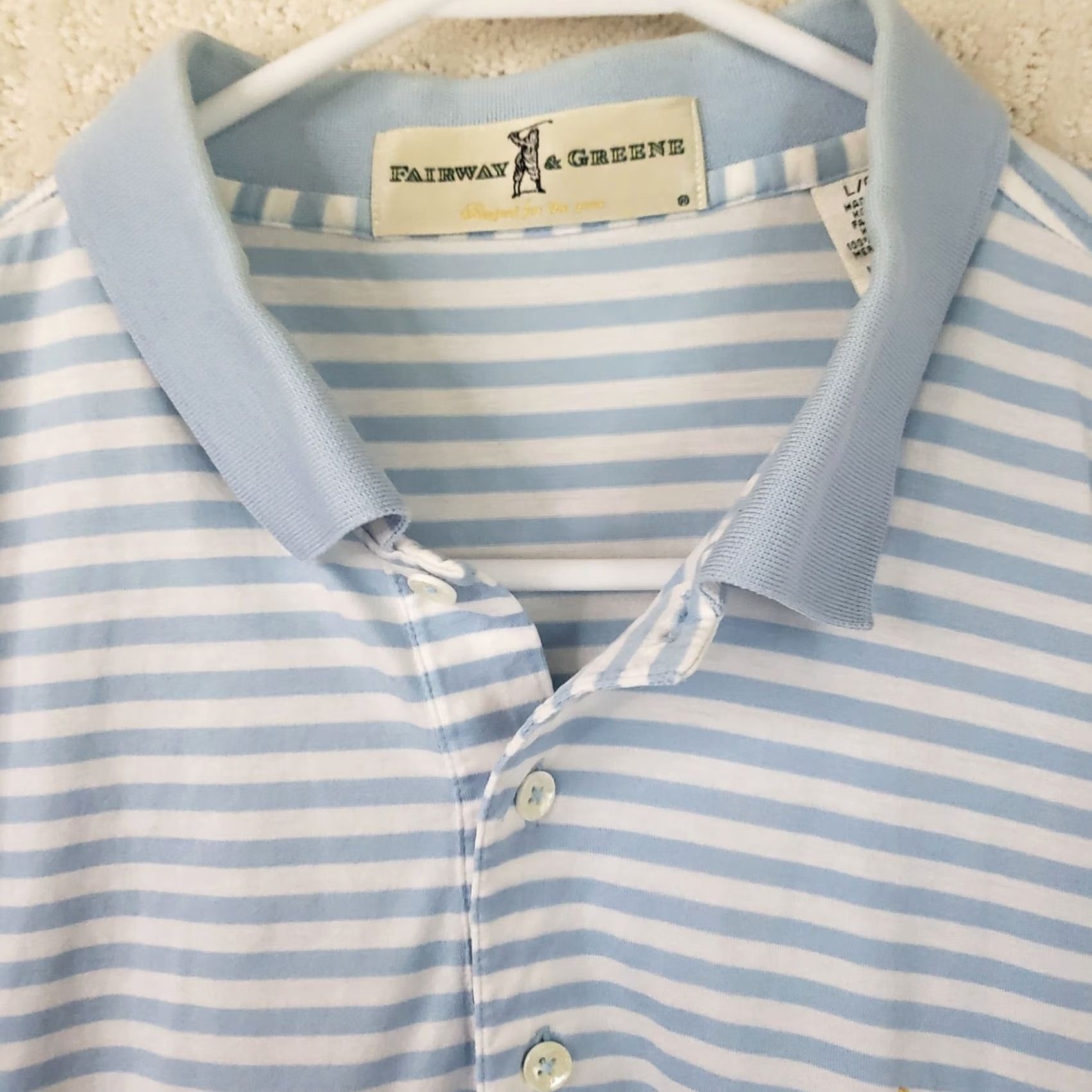 Vintage Fairway & Greene Polo Shirt Blue Striped Short Sleeve Collared Logo Embroidered Flags Chip Golf Shirt Mens L Size US L / EU 52-54 / 3 - 5 Thumbnail