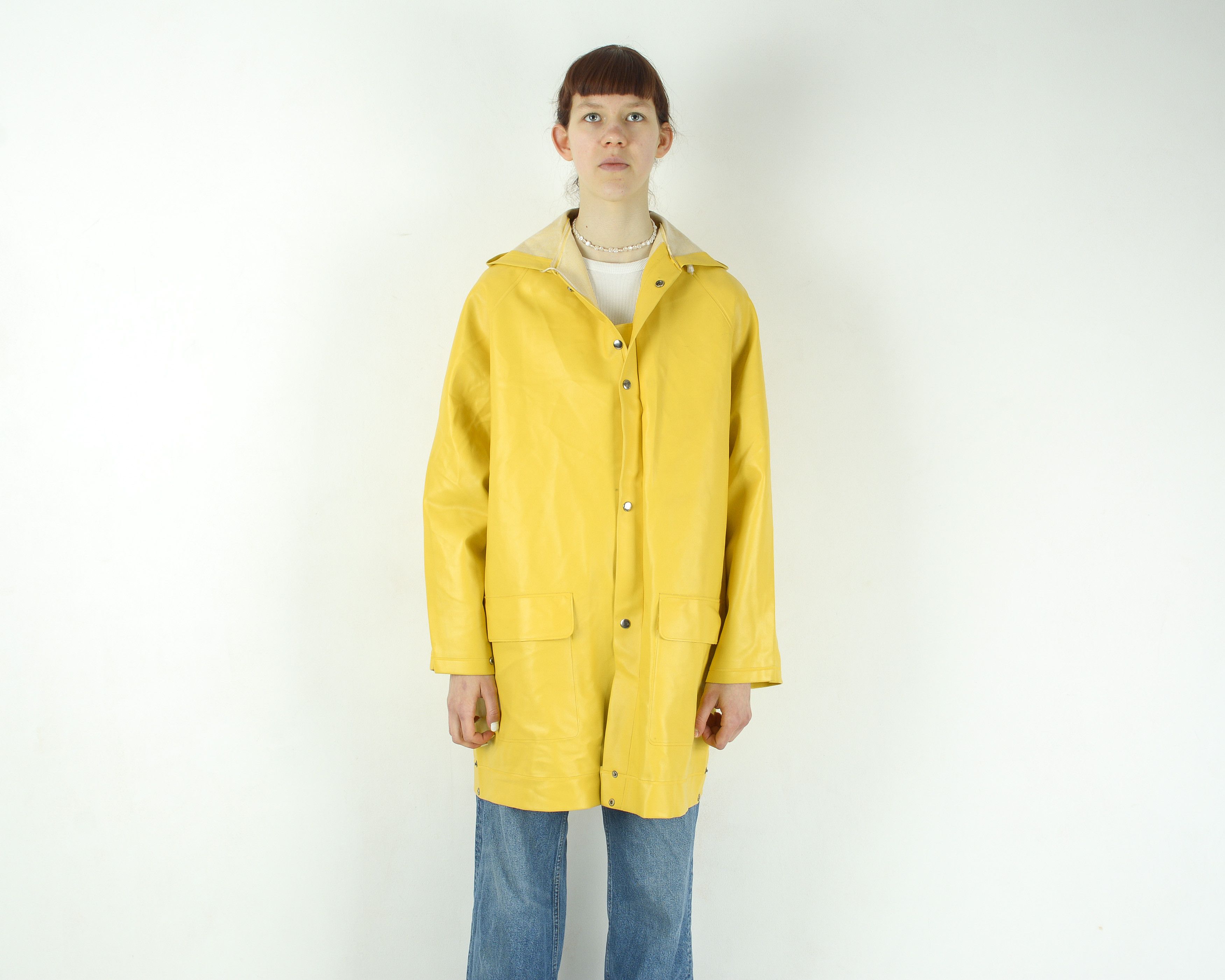 image of Vintage Pvc Waterproof Raincoat Midi Hooded Parka Water-Resistant in Yellow, Women's (Size Medium)