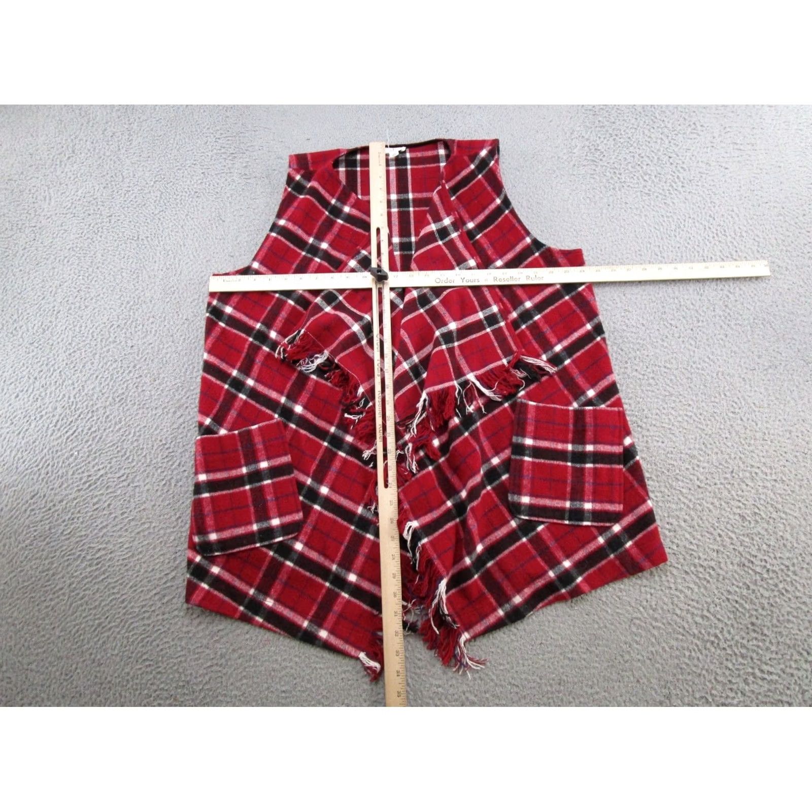 Vintage Tribal Blouse Shirt Womens XL Red Plaid Fringe Open Front Sleeveless Top" Size XL / US 12-14 / IT 48-50 - 4 Thumbnail
