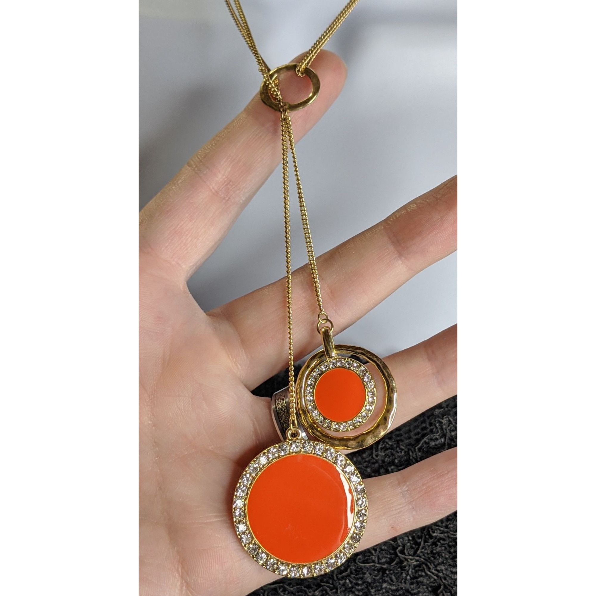 Other Retro Gold-Tone Pendant Necklace With Double Orange Enamel D Size ONE SIZE - 5 Thumbnail