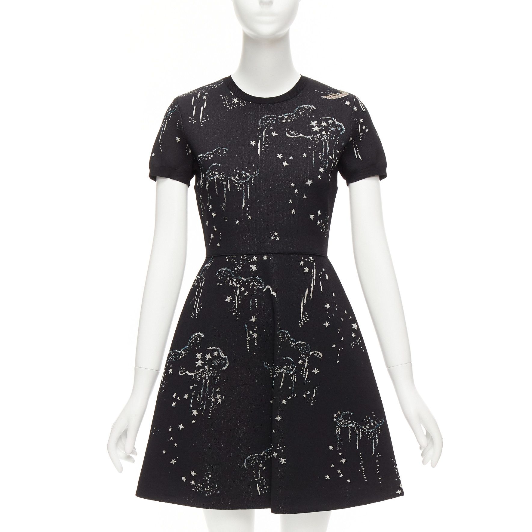 Valentino VALENTINO black glitter cloud star jacquard short sleeve fit flare dress S Size S / US 4 / IT 40 - 1 Thumbnail