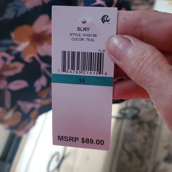 Designer SLNY Teal Floral Jewel Long Sleeve Sheath Sz. 16 Dress Size XXL / US 16-18 / IT 52-54 - 6 Thumbnail