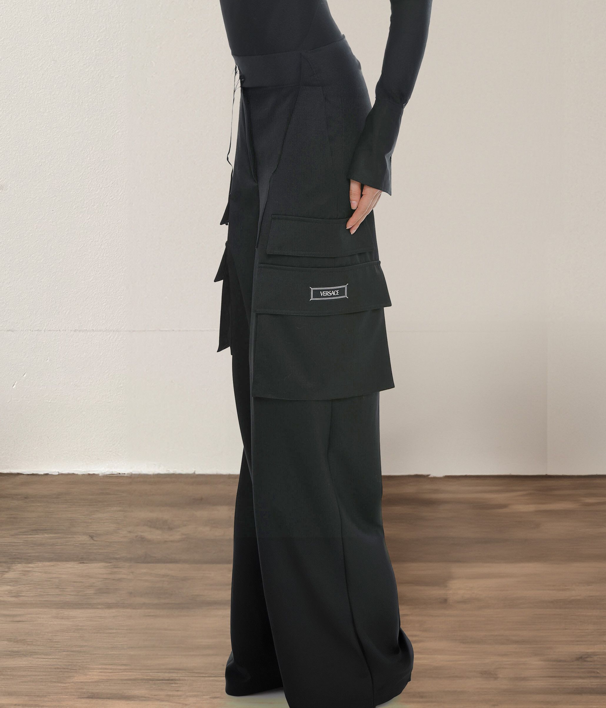 image of Versace Virgin Wool Cargo Pants Palazzo Design in Black, Women's (Size 26)