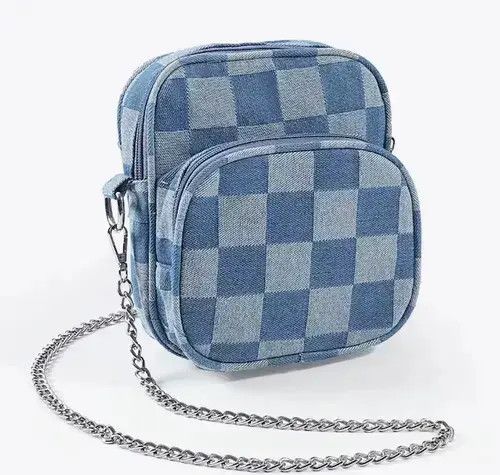 Fashion Y2K Denim Checkered Chain Crossbody Shoulder Bag in Blue, Men's