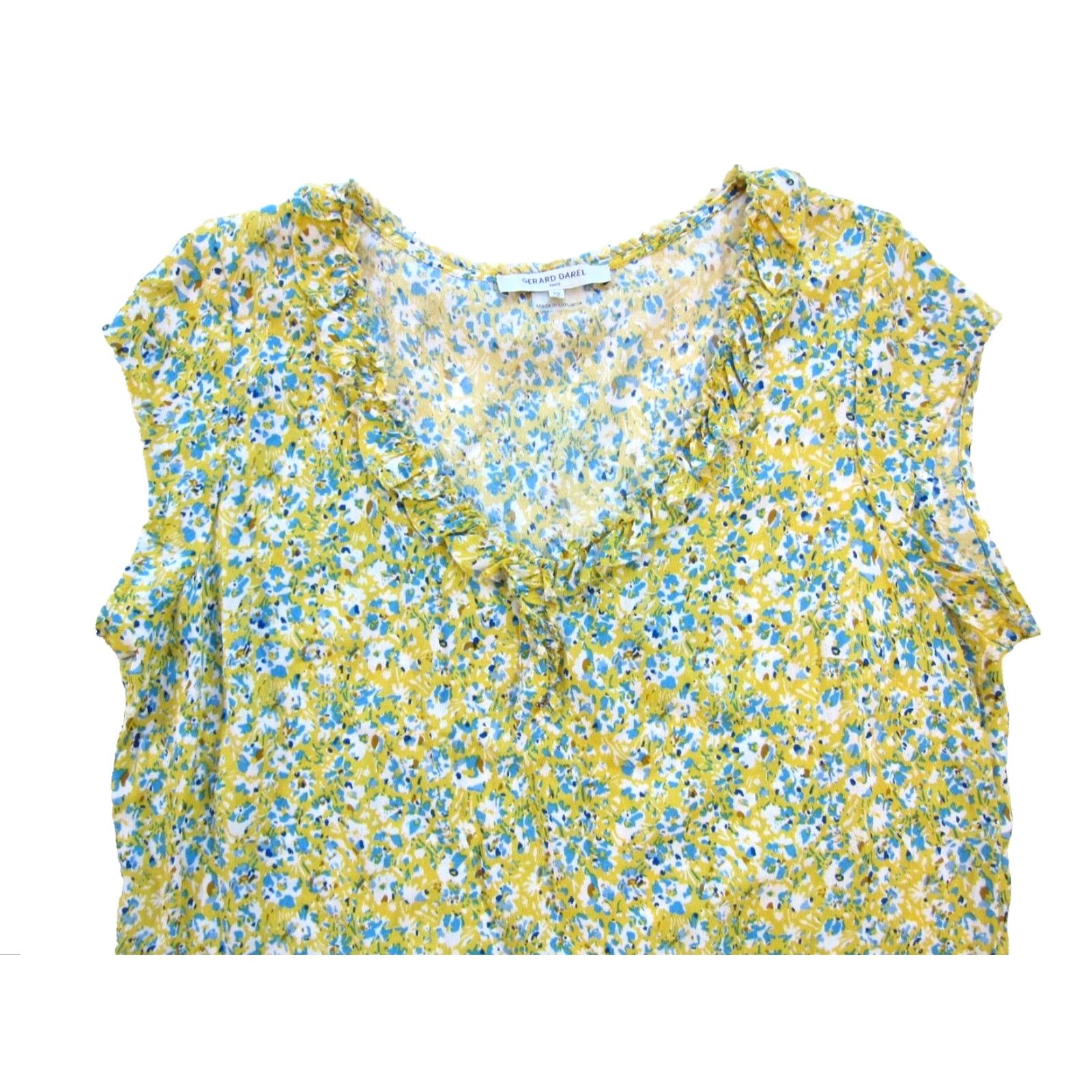 Gerard Darel GERARD DAREL Rayon Yellow Blue Floral Cap Sleeve V-Neck Midi Sun Dress 40 Large Size L / US 10 / IT 46 - 4 Thumbnail