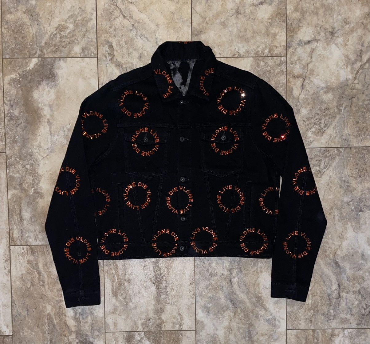 Vlone Vlone LVDV Orange Rhinestone Black Denim Jacket XL Brand New ...