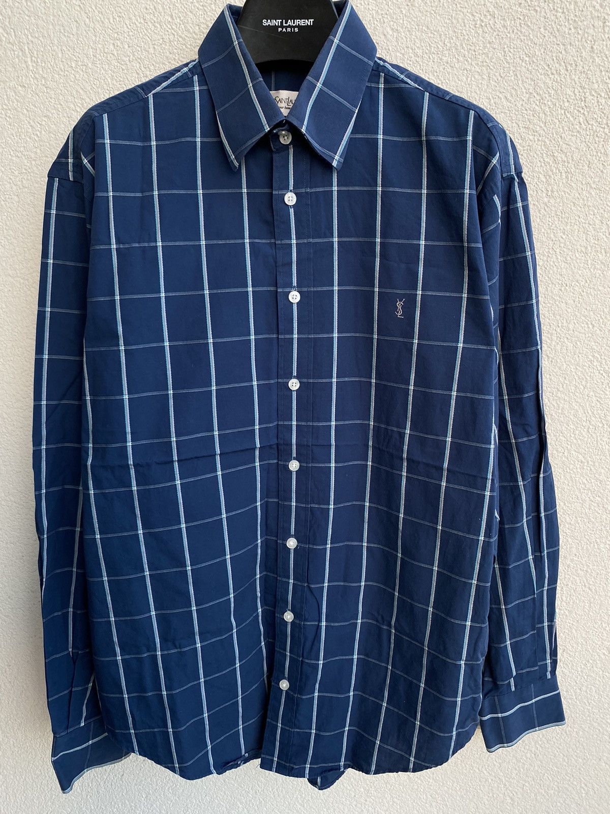 Yves Saint Laurent Cotton YSL Shirt Check Navy Size US M / EU 48-50 / 2 - 3 Thumbnail