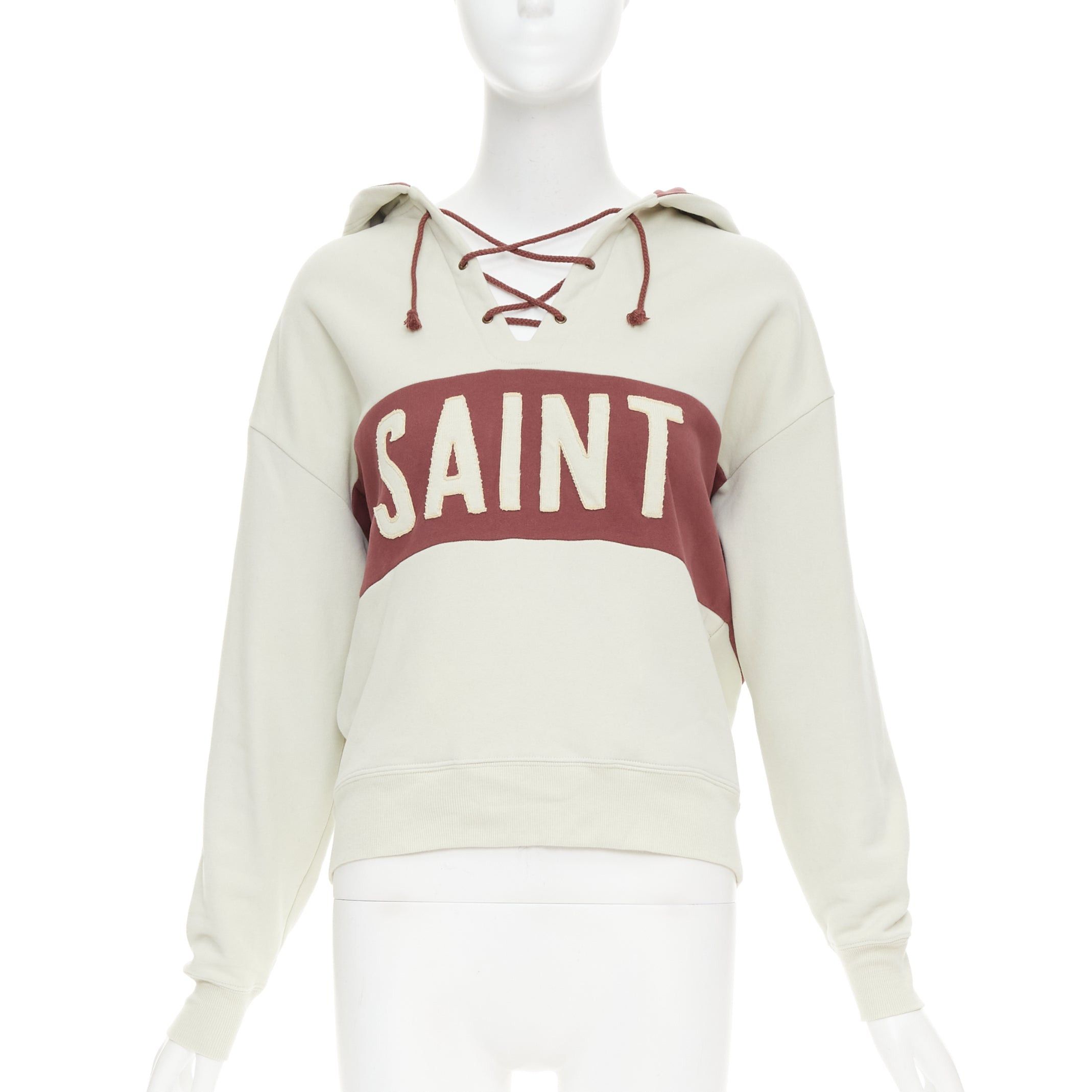 Saint Laurent Paris SAINT LAURENT 2022 taupe red logo applique drawstring crop hoodie XS Size S / US 4 / IT 40 - 1 Thumbnail