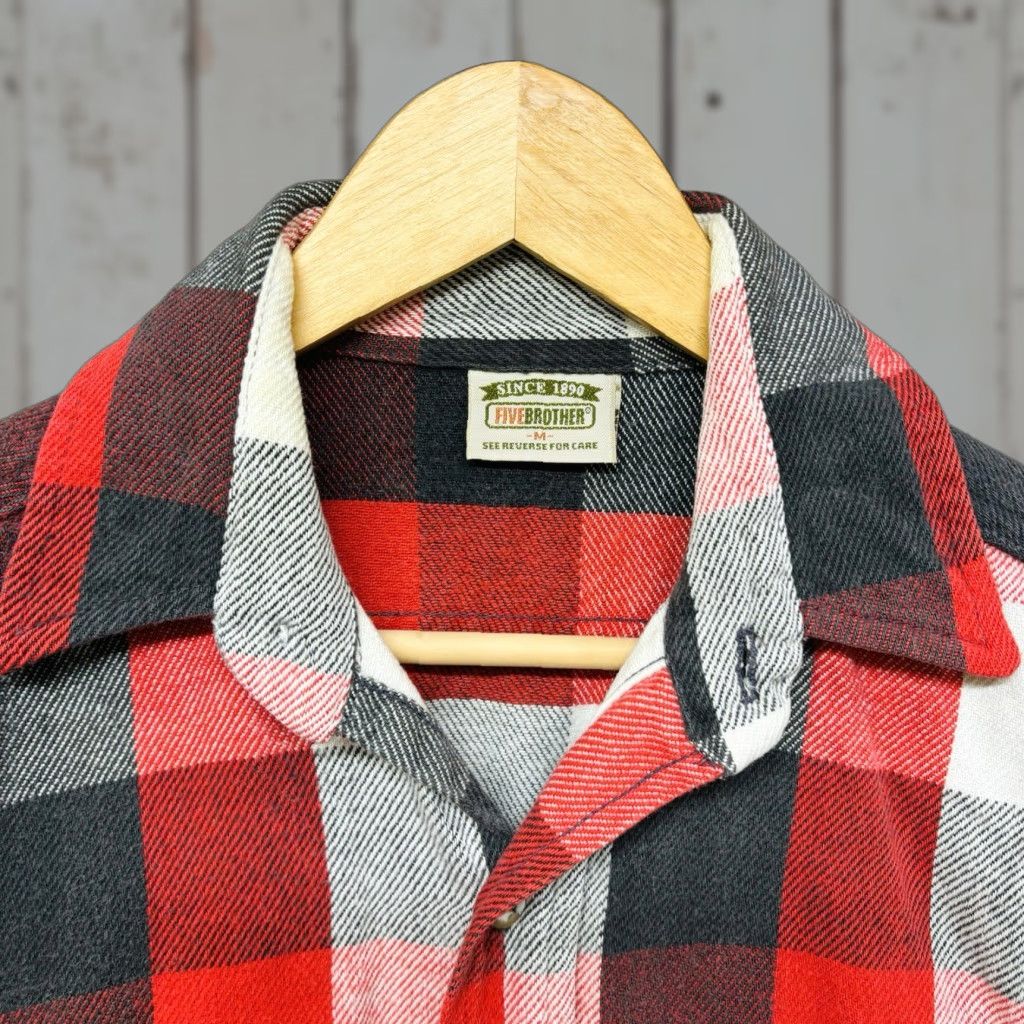 VINTAGE Five Brothers Shirt Mens M Red Buffalo Plaid Flannel Made USA Button-Up Pocketed Long Sleeve