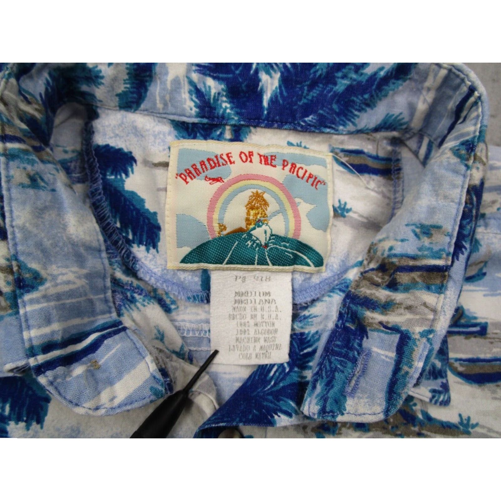 Paradise Vintage Paradise of The Pacific Men's Blue Short Sleeve Button-Up Shirt – Geometric Tropical Boat Design, Made in USA, Size M Size US M / EU 48-50 / 2 - 3 Thumbnail