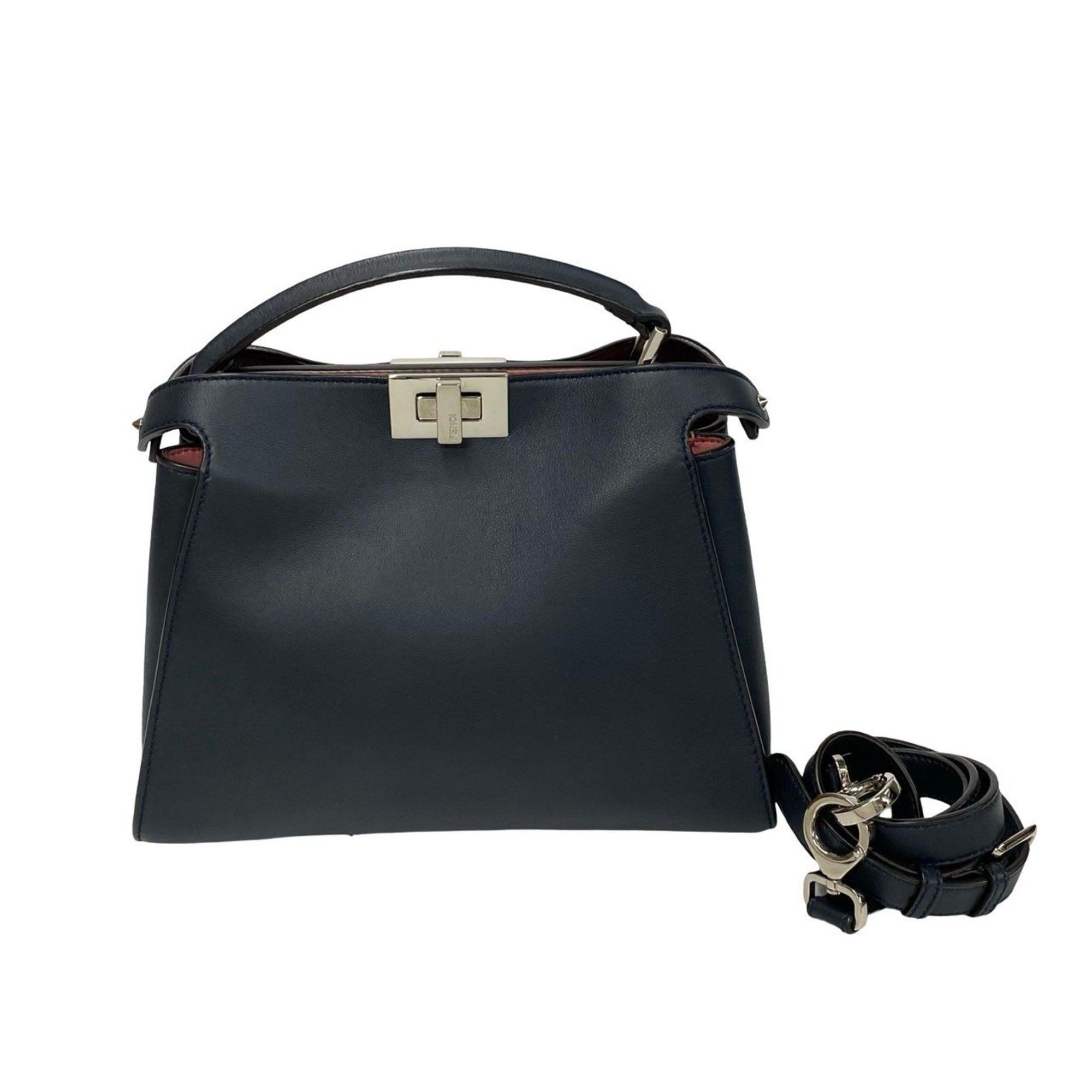 FENDI Peekaboo Essential Leather 2-Way Shoulder Bag/Handbag Navy 56141