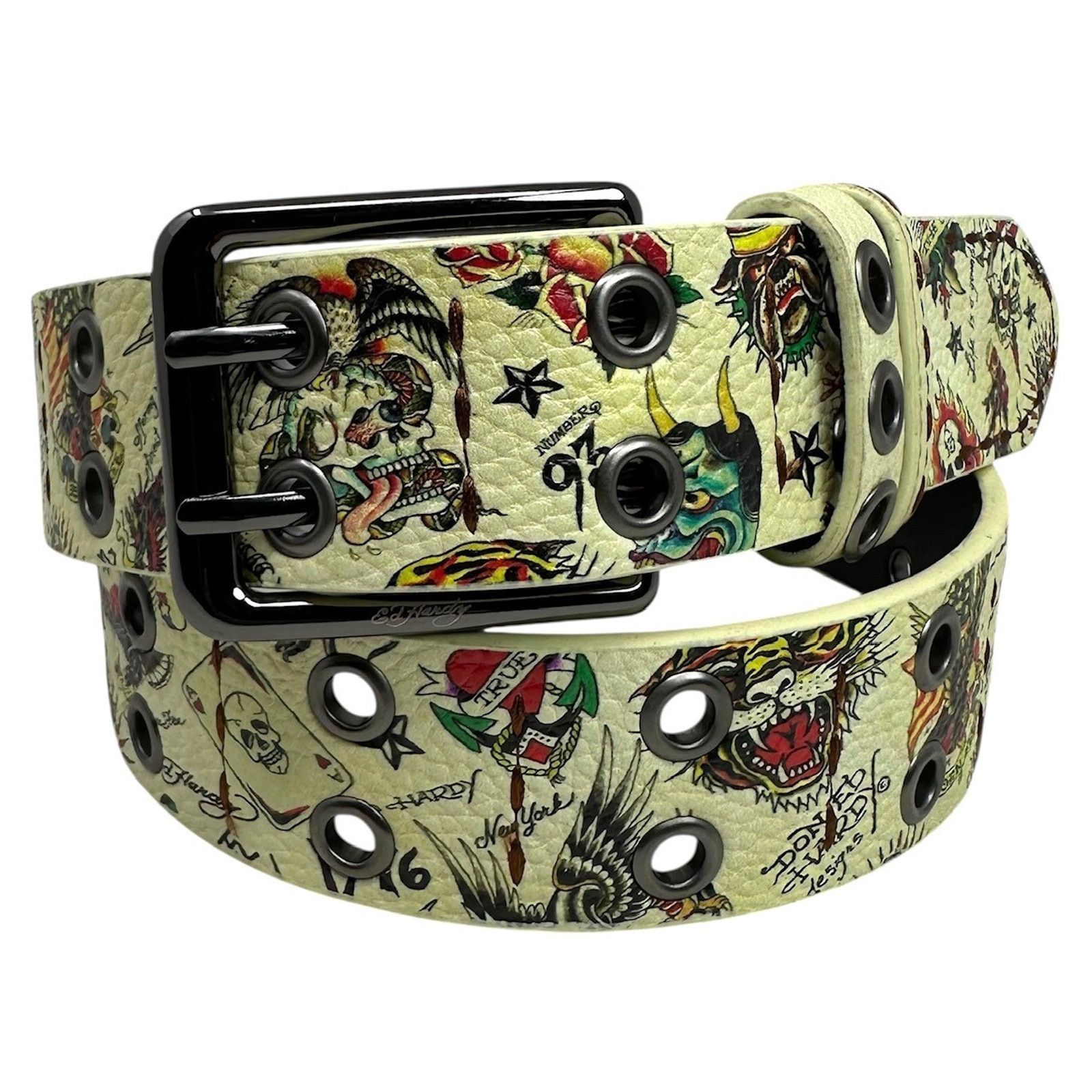 Ed Hardy Ed Hardy Men's Double Prong Ace of Hearts Printed Cream Belt Size 32 - 1 Thumbnail
