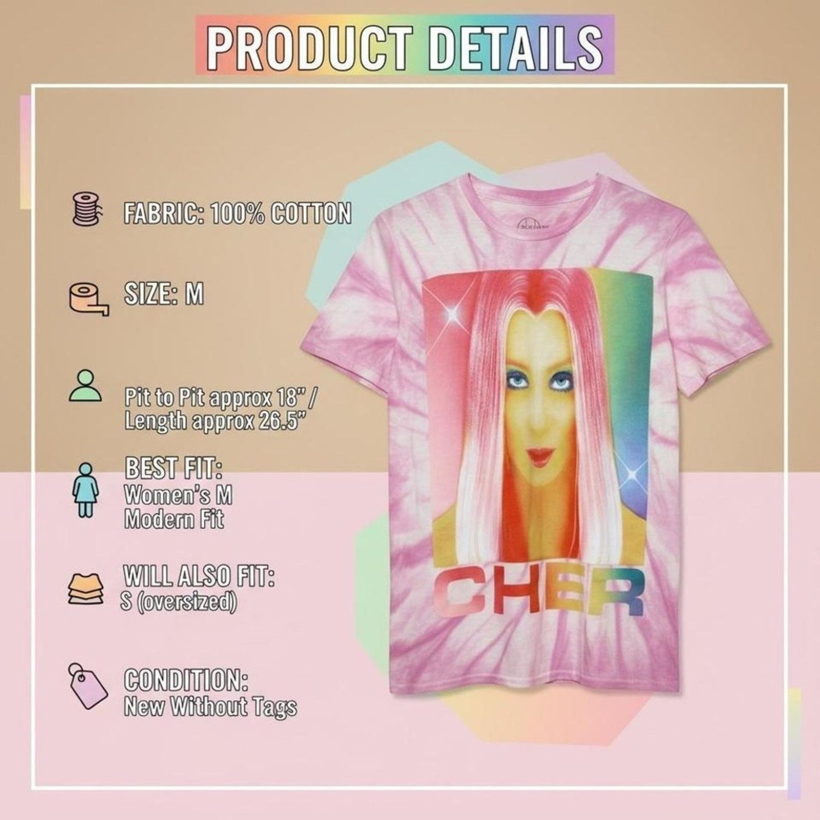 Other Cher Rainbow Tie-Dye Graphic Tee Size M NWOT Size US M / EU 48-50 / 2 - 6 Thumbnail