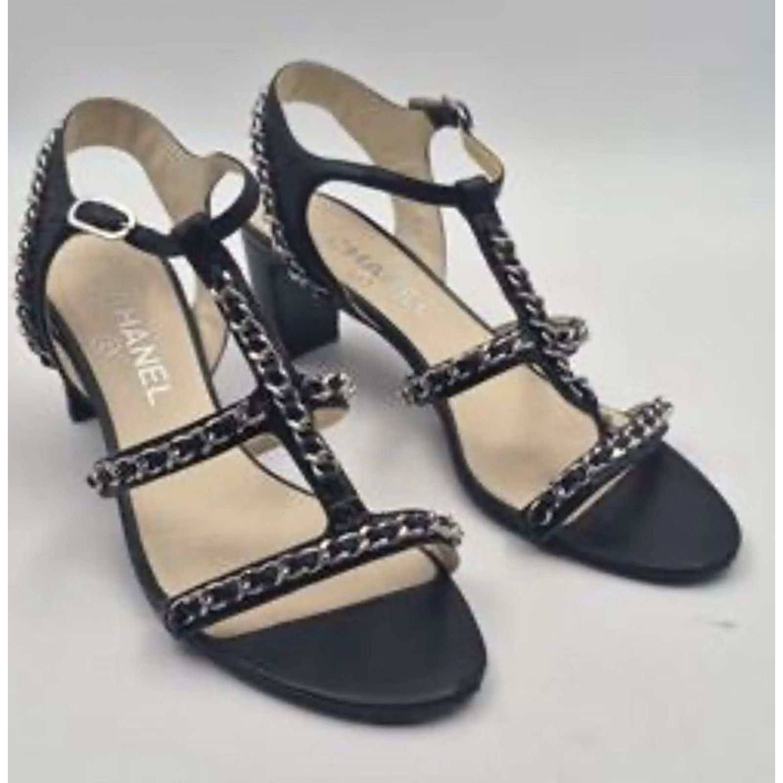 Chanel CHANEL Black Chain T-Strap Sandal Heels 39.5 US 8.5 Silver CC Block Heel Strappy Leather Women Mens Girls Size US 9 / IT 39 - 2 Thumbnail