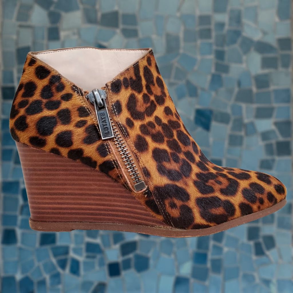 Vintage 1.State Kaleb Leopard Cow Hair Ankle Boots Wedges Women's Size US 9.5 M Brown Leather/Man Made Zip Pointed Toe Formal Shoes Size US 10 / IT 40 - 1 Thumbnail
