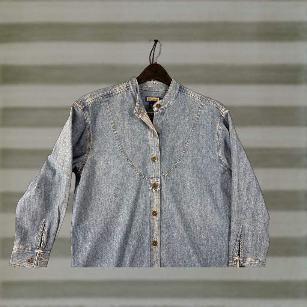Denime VINTAGE Ruff Hewn Western Shirt Womens M Blue Denim Banded Collar Metal Buttons Long Sleeve Casual Shirt Mens Womens Boys Girls Size M / US 6-8 / IT 42-44 - 1 Thumbnail
