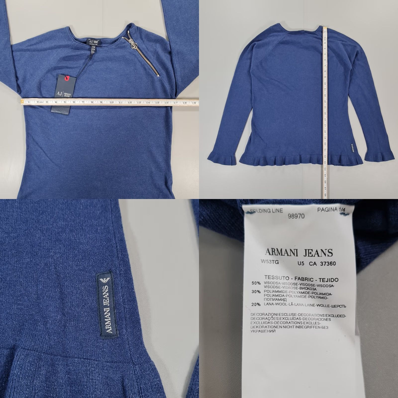 Vintage Armani Jeans Jumper Blue Medium Wool Pullover Knit Crew Neck Long Sleeve Ruffle Accents Womens Casual City Designer - No, cannot include dash. Size M / US 6-8 / IT 42-44 - 8 Thumbnail