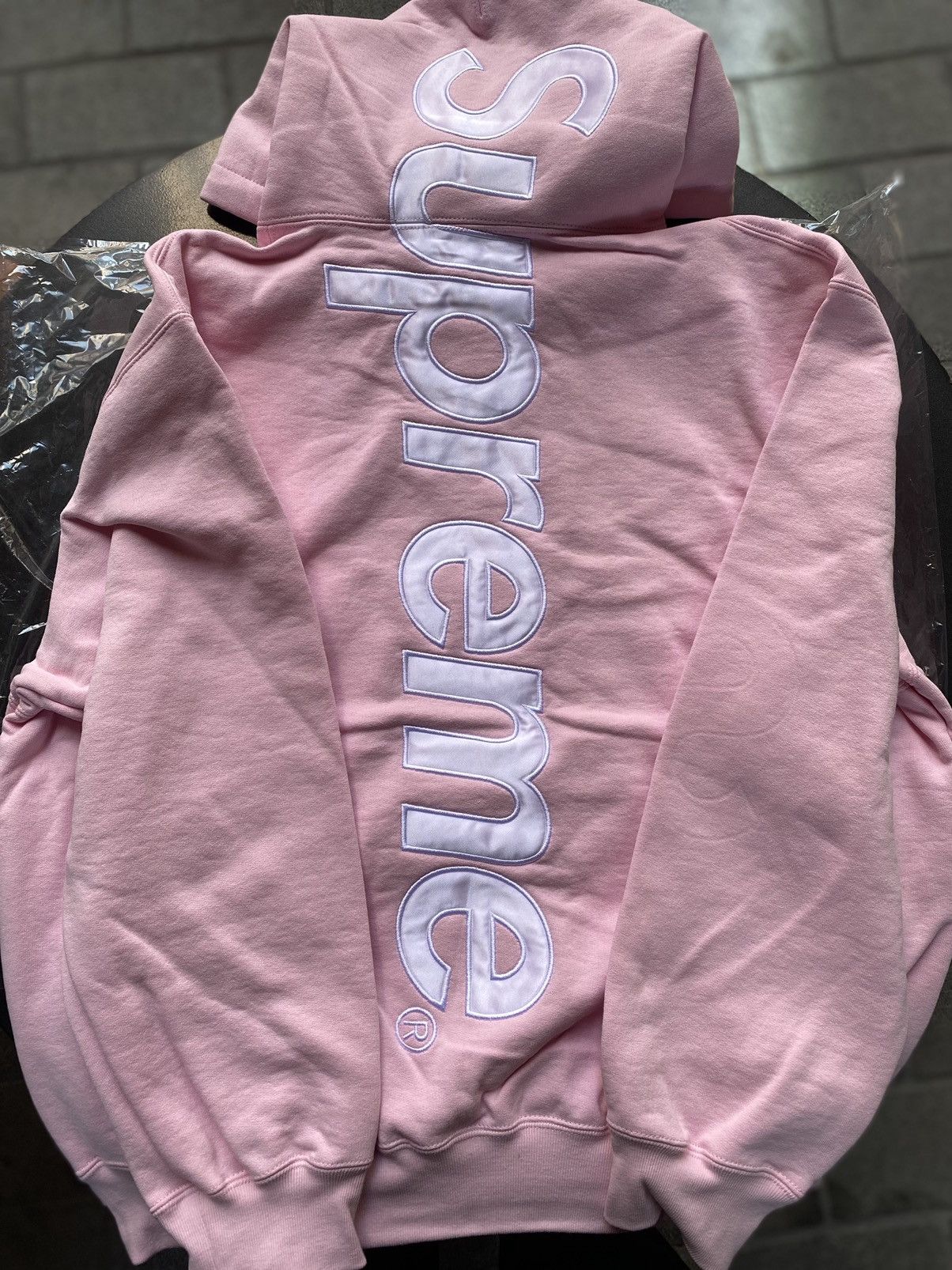 Pre-owned Supreme Satin Applique Hooded Sweatshirt Size Large In Pink