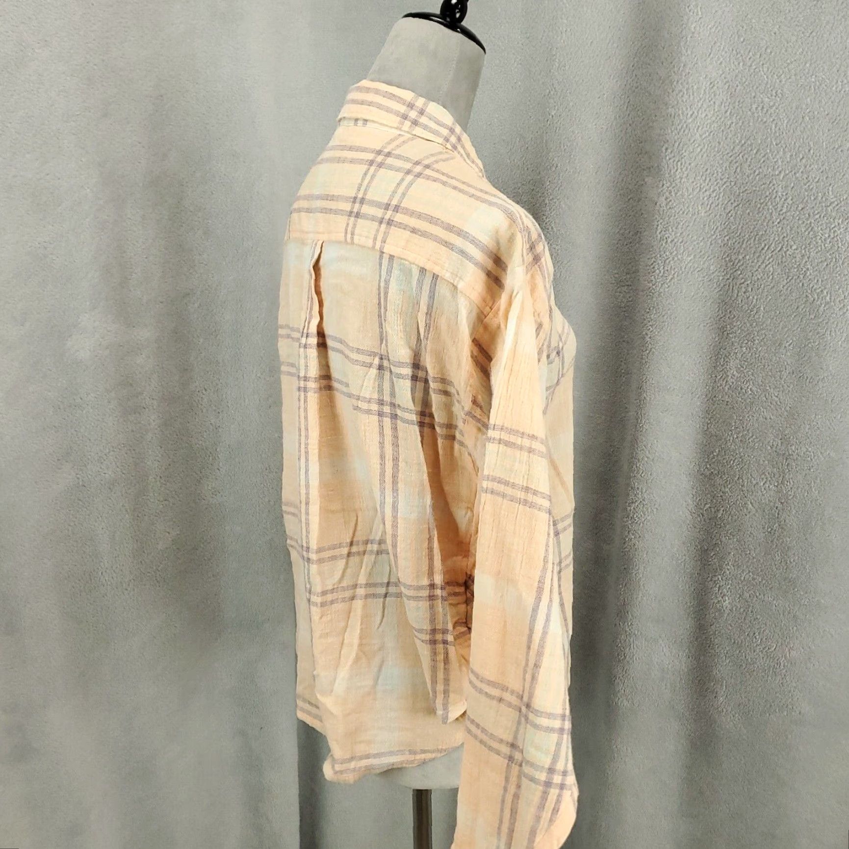 Free People Free People Blouse Shirt Oversized Dolman Batwing Peach Plaid Gauzy Boho Button Up Multicolor Long Sleeve Collared 100% Cotton Casual Womens M Size M / US 6-8 / IT 42-44 - 6 Thumbnail