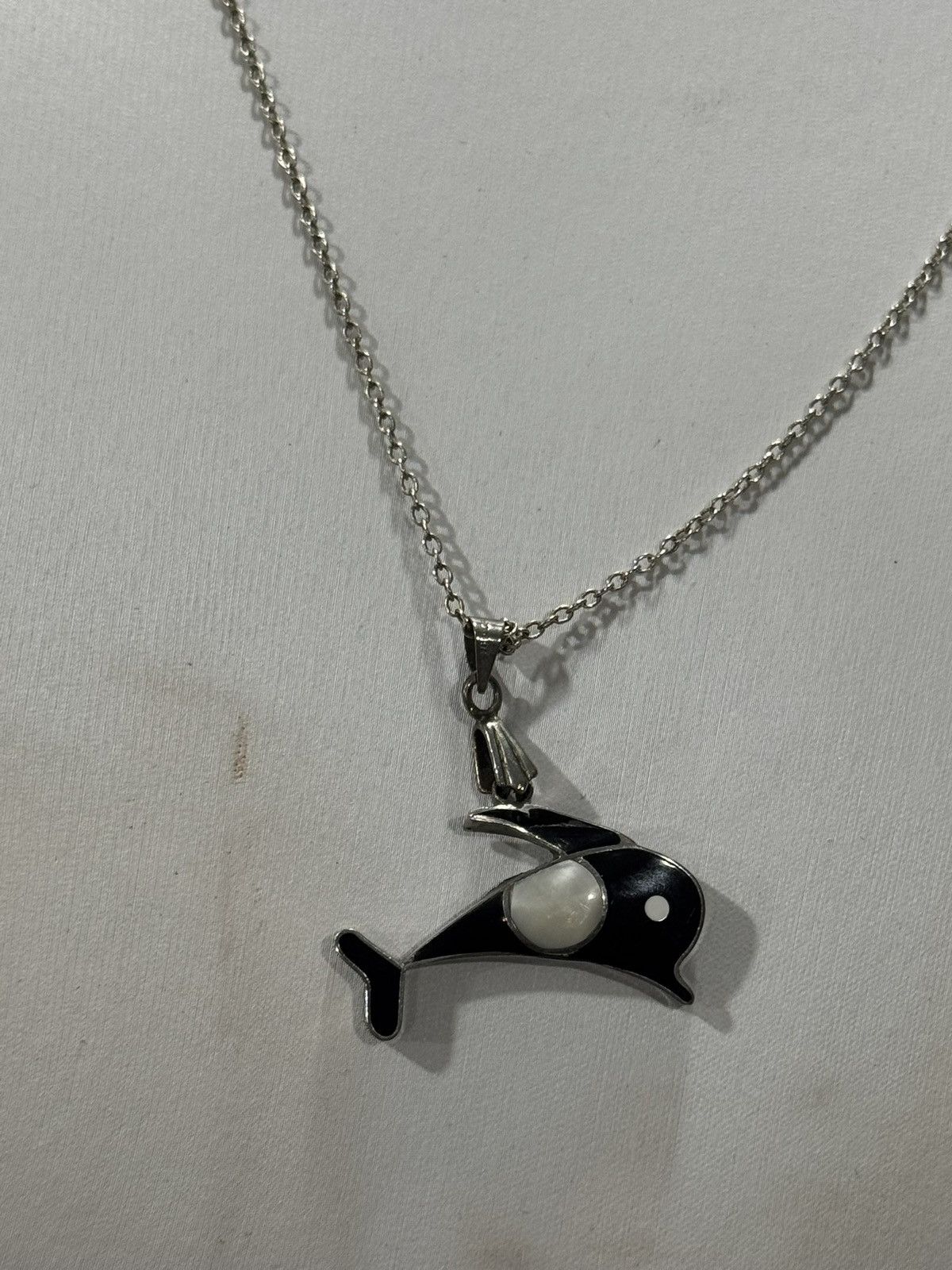 Sterling Silver Silver Orca Whale Pendant Necklace | Onyx & Mother of Pearl Size ONE SIZE - 4 Thumbnail