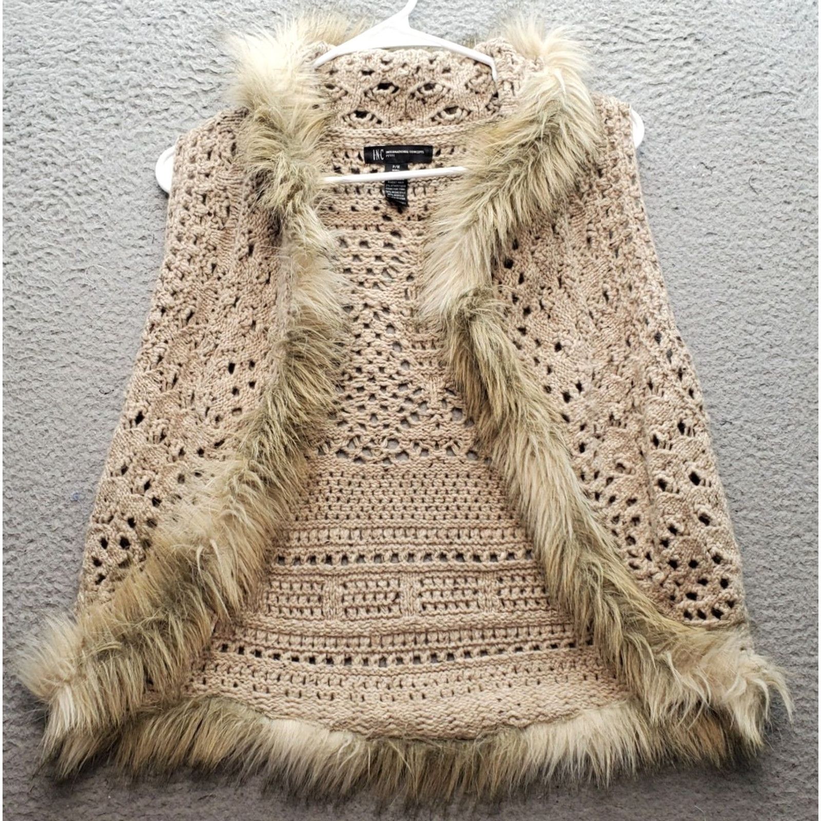 Vintage INC International Concepts Crochet Vest Womens Size PM Brown Faux Fur Trim Vest Size M / US 6-8 / IT 42-44 - 2 Thumbnail