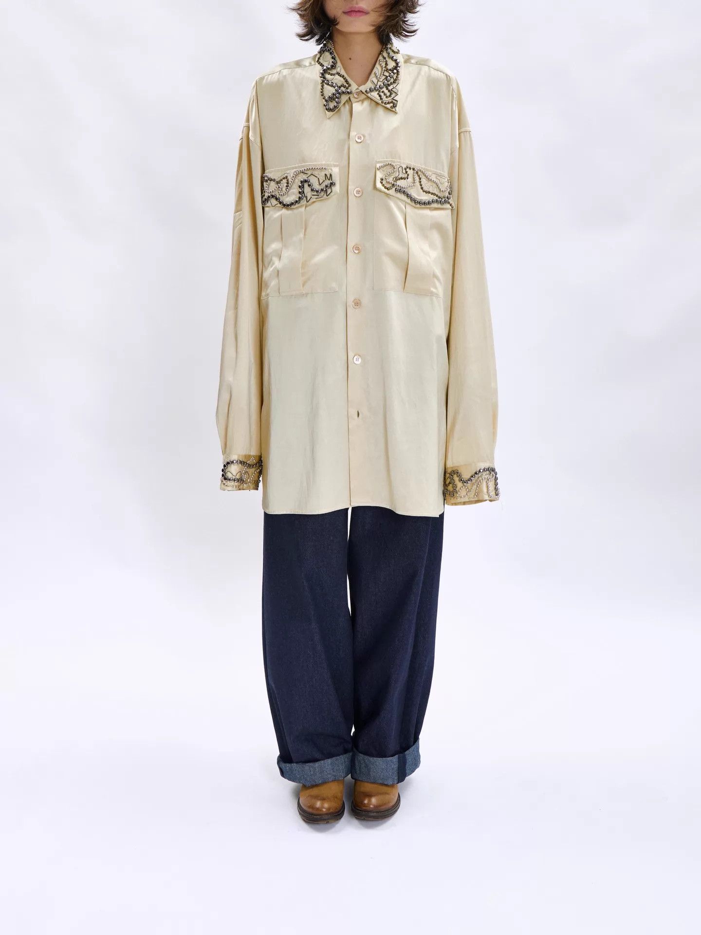 Dries Van Noten Dries Van Noten 23AW Men's Hand Beaded Cream Shirt M Size US M / EU 48-50 / 2 - 2 Thumbnail