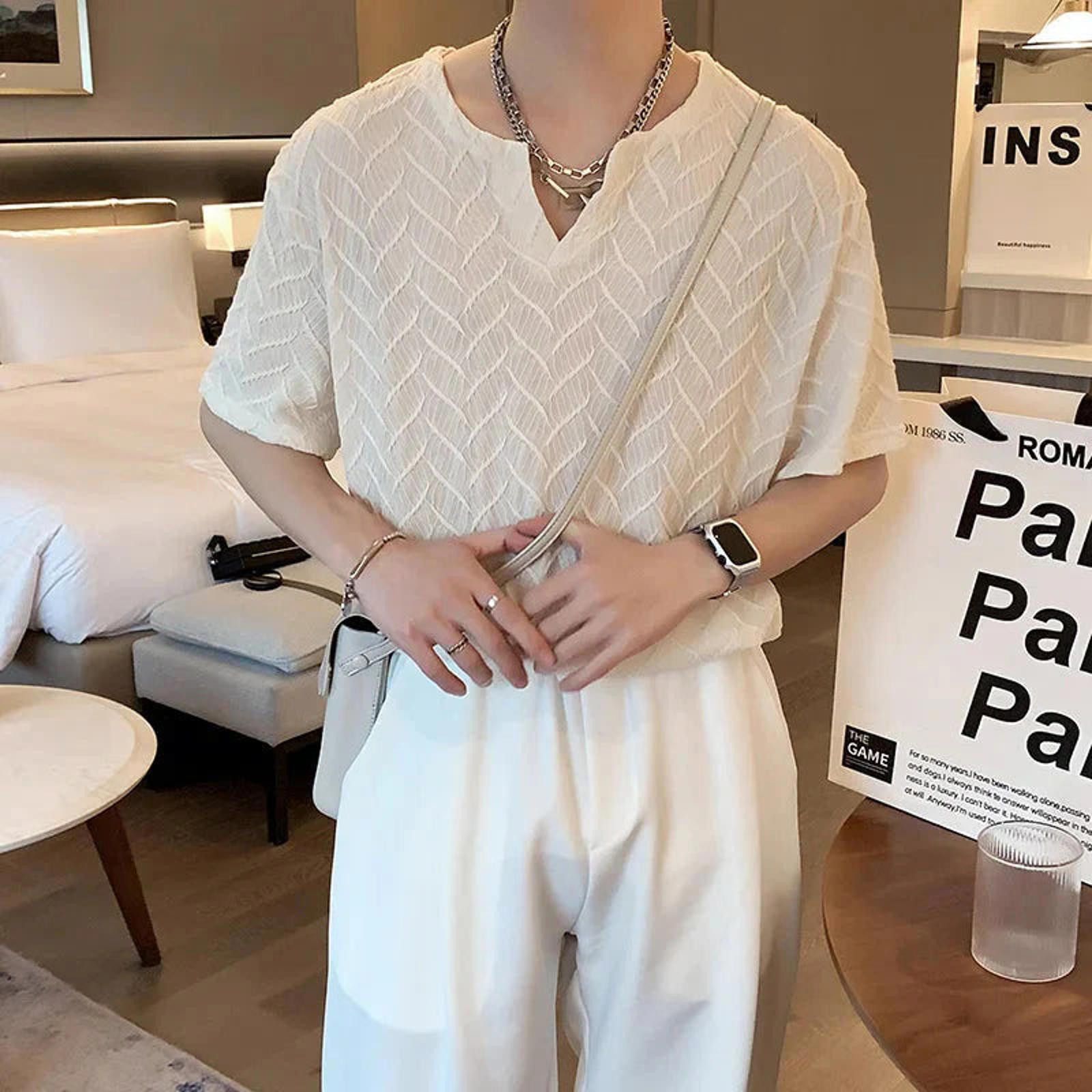 Other Textured Open Neck Woven T-Shirt Size US M / EU 48-50 / 2 - 2 Thumbnail