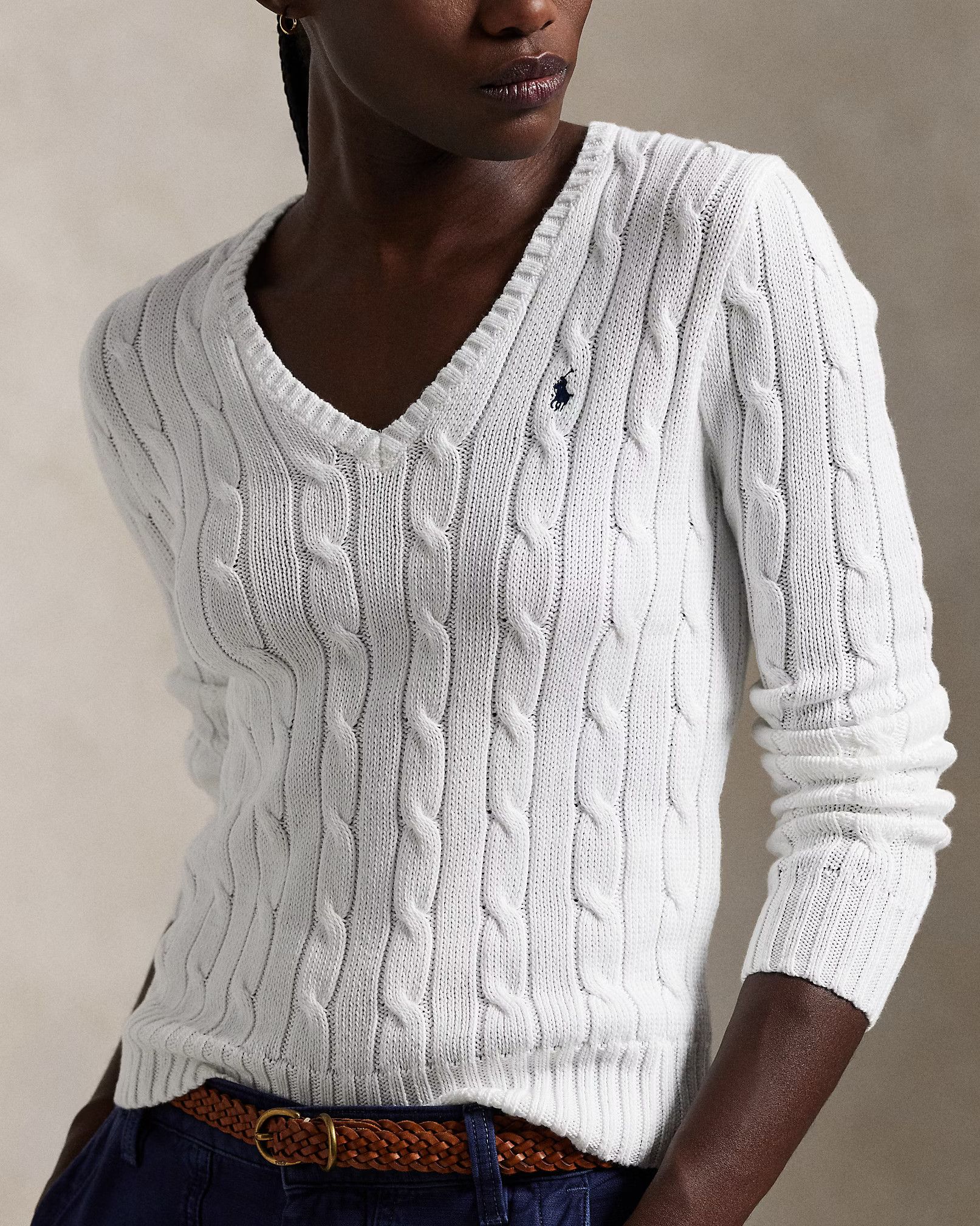 Polo Ralph Lauren RALPH LAUREN Sweater Cable Knit White Cotton V Neck S Size S / US 4 / IT 40 - 1 Thumbnail