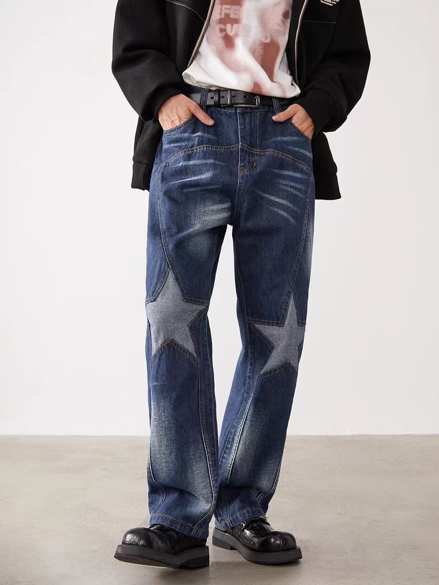 Vintage Hip Hop Washed Spliced Pentagram Design Jeans