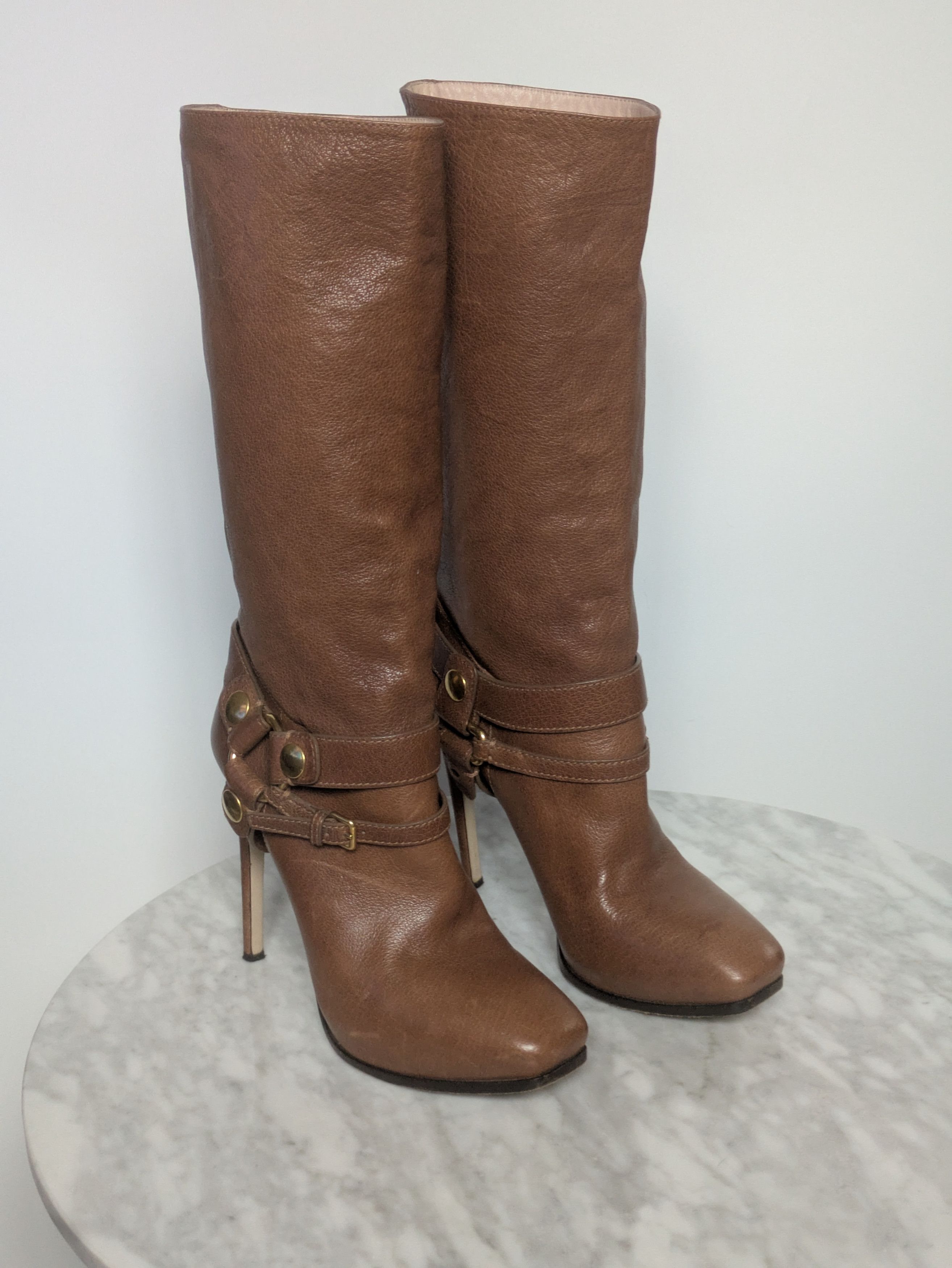 Miu Miu Miu Miu tan soft leather biker-style heeled boots Size US 5.5 / IT 35.5 - 1 Thumbnail