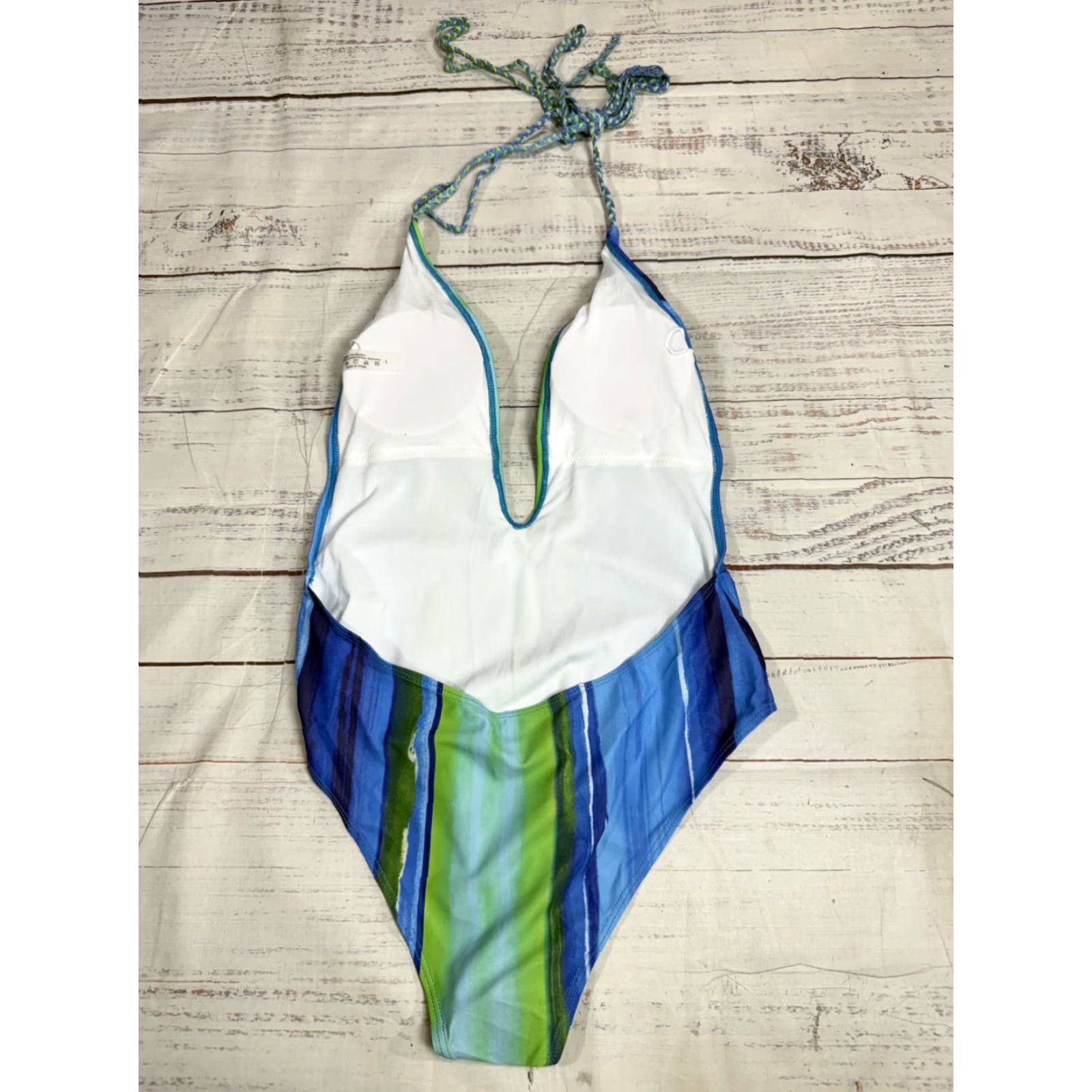 Vintage Women's Blue Green Stripe One Piece Swim Suit Deep V-Neck Open Back Sz L NWT Size L / US 10 / IT 46 - 3 Thumbnail