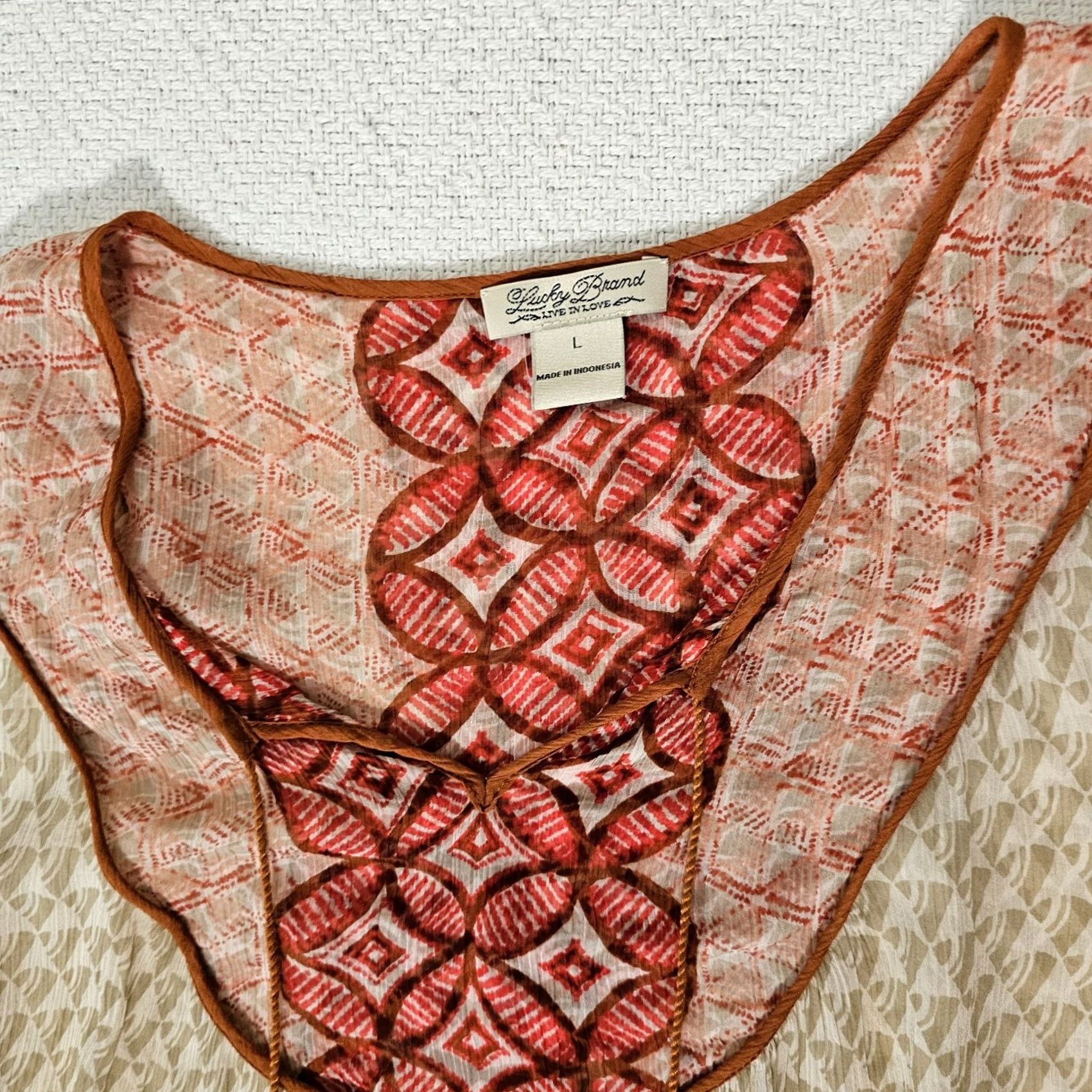 Lucky Brand Lucky Brand Top Shirt Regular Womens L Brown Red Paisley Long Sleeve Sheer Booth Blouse Size L / US 10 / IT 46 - 6 Thumbnail