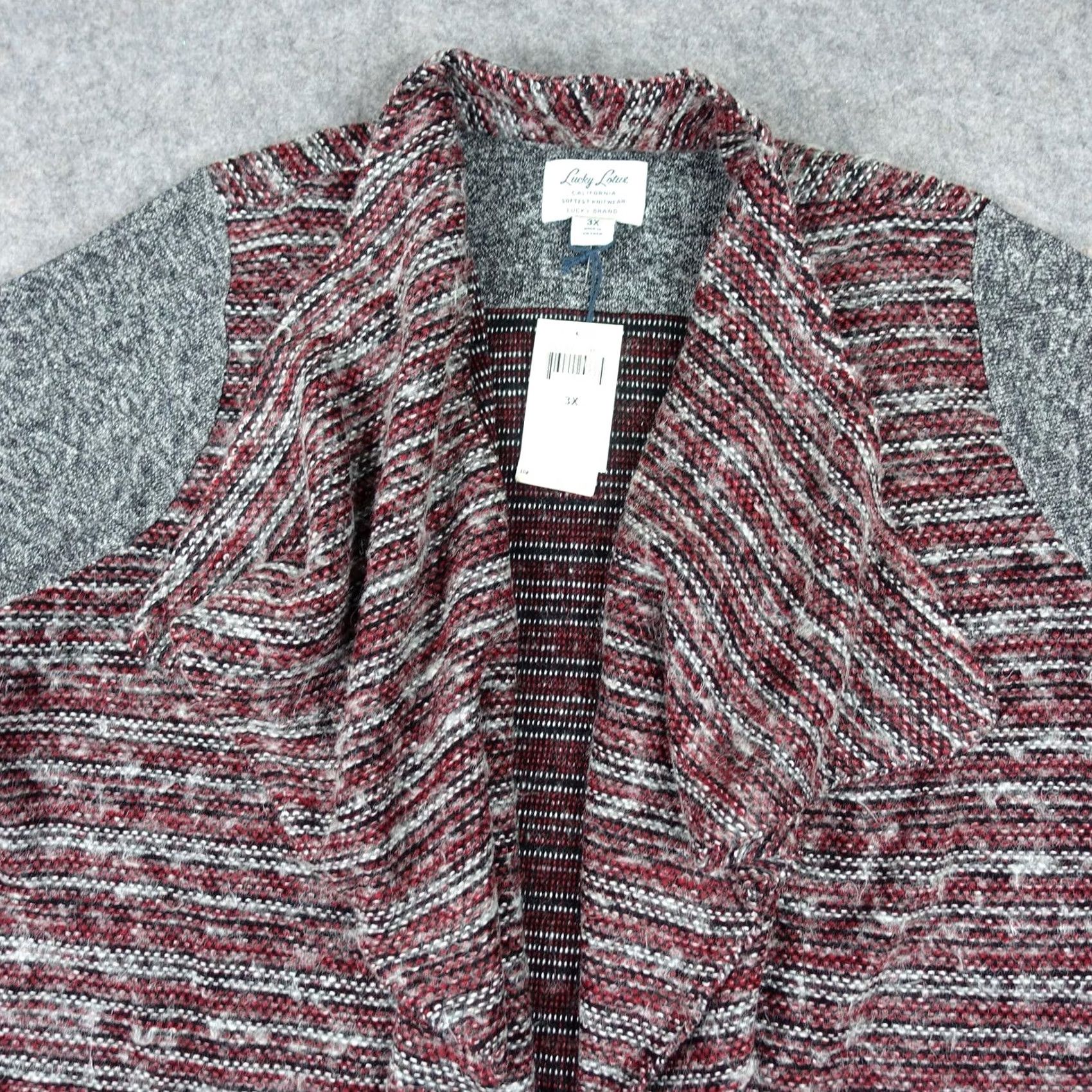 Lucky Brand Lucky Brand Cardigan Sweater Womens 3X Red Gray Stripe Open Front Cozy Knit Size XXL / US 16-18 / IT 52-54 - 2 Thumbnail