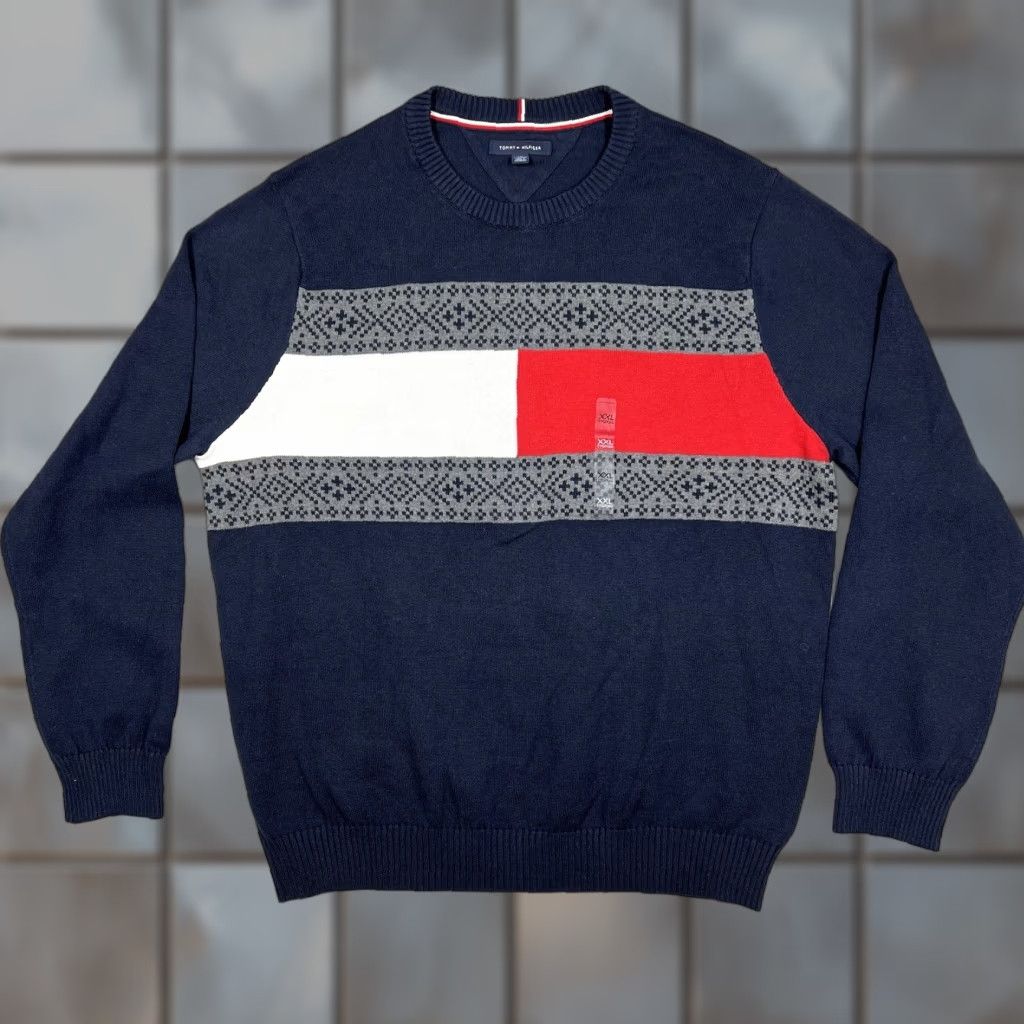 Tommy Hilfiger Tommy Hilfiger Navy Crewneck Sweatshirt Men's XXL Knit Logo Fair Isle Xmas Pullover Long Sleeve Blue Size US XXL / EU 58 / 5 - 1 Thumbnail
