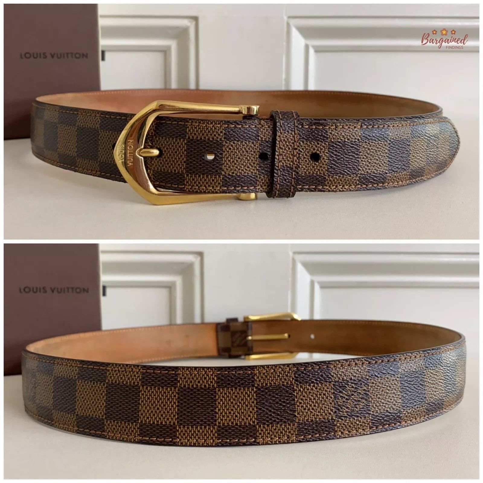Louis Vuitton Louis Vuitton Brown Damier Ebene Riveted Gold Buckle Belt Size 32 - 8 Thumbnail