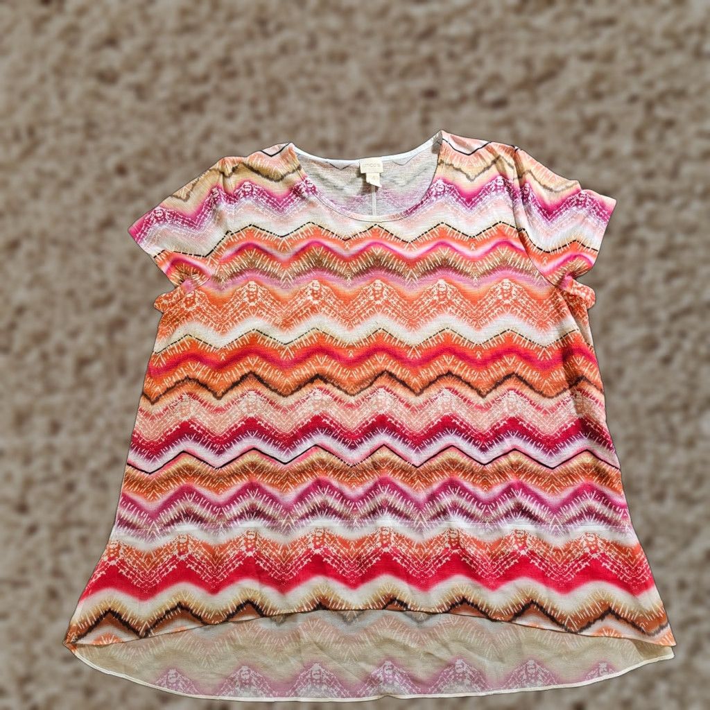 Vintage Chico's Blouse Shirt Womens 2XL Pink Orange Striped Short Sleeve Round Neck Knit Basic Casual Size XXL / US 16-18 / IT 52-54 - 1 Thumbnail