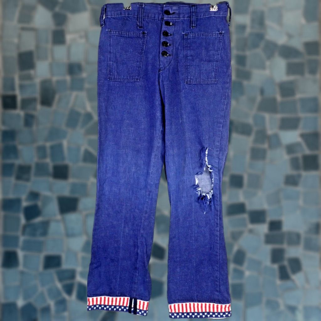 Bell VINTAGE Vintage 70s Flared Bell Bottom Blue Jeans 27x28 Anchor buttons US Flag Patriotic Size 24" / US 00 / IT 34 - 1 Thumbnail