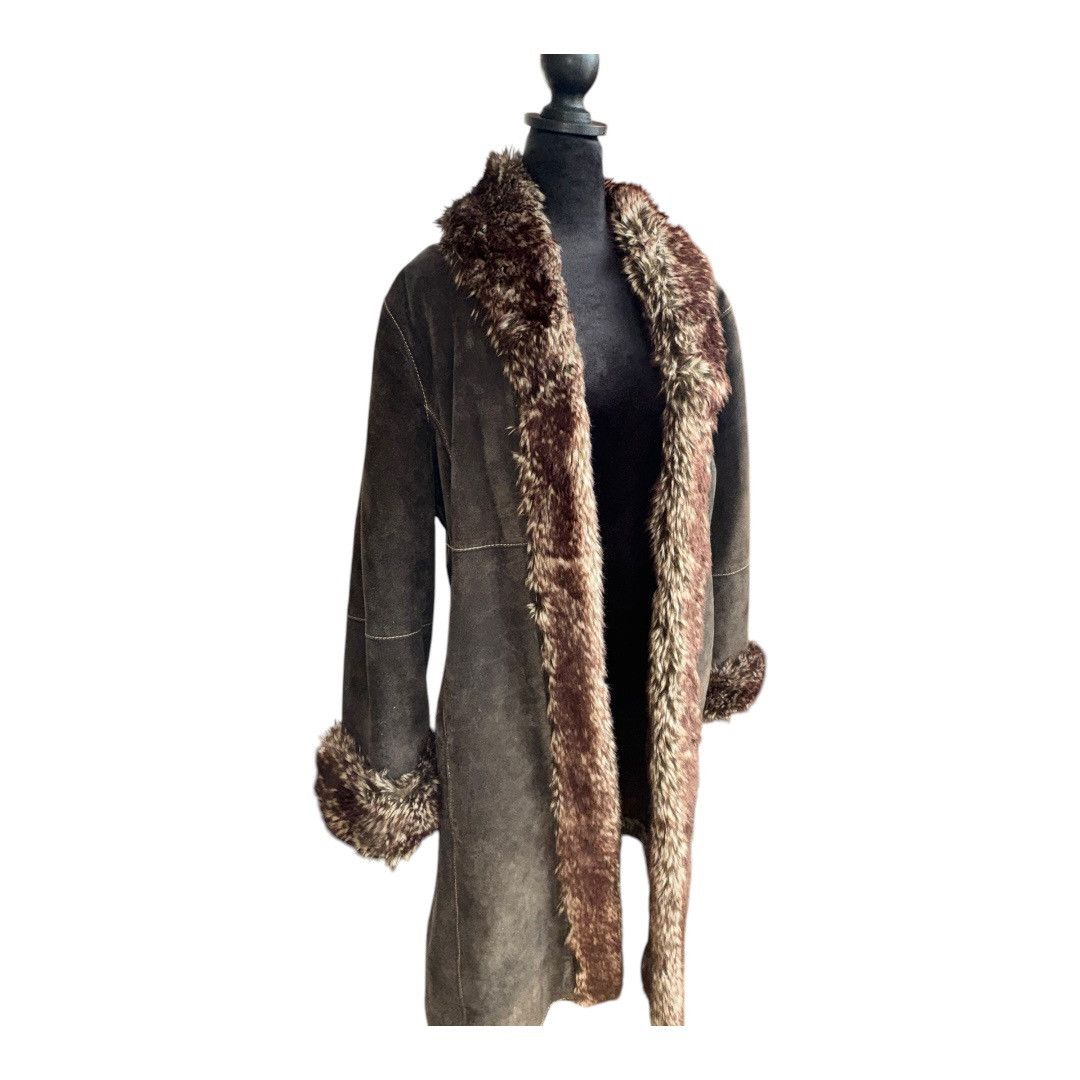 American Apparel × Vintage VTG Y2K Damselle LEATHER SUEDE LONG COAT WITH FAUX FUR TRIM Size L / US 10 / IT 46 - 2 Thumbnail
